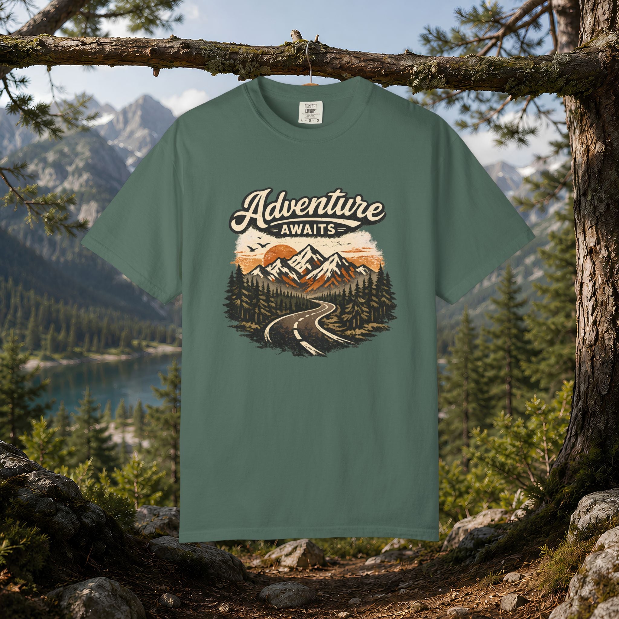 Adventure Awaits T-Shirt — Scenic Mountain Road Graphic Tee