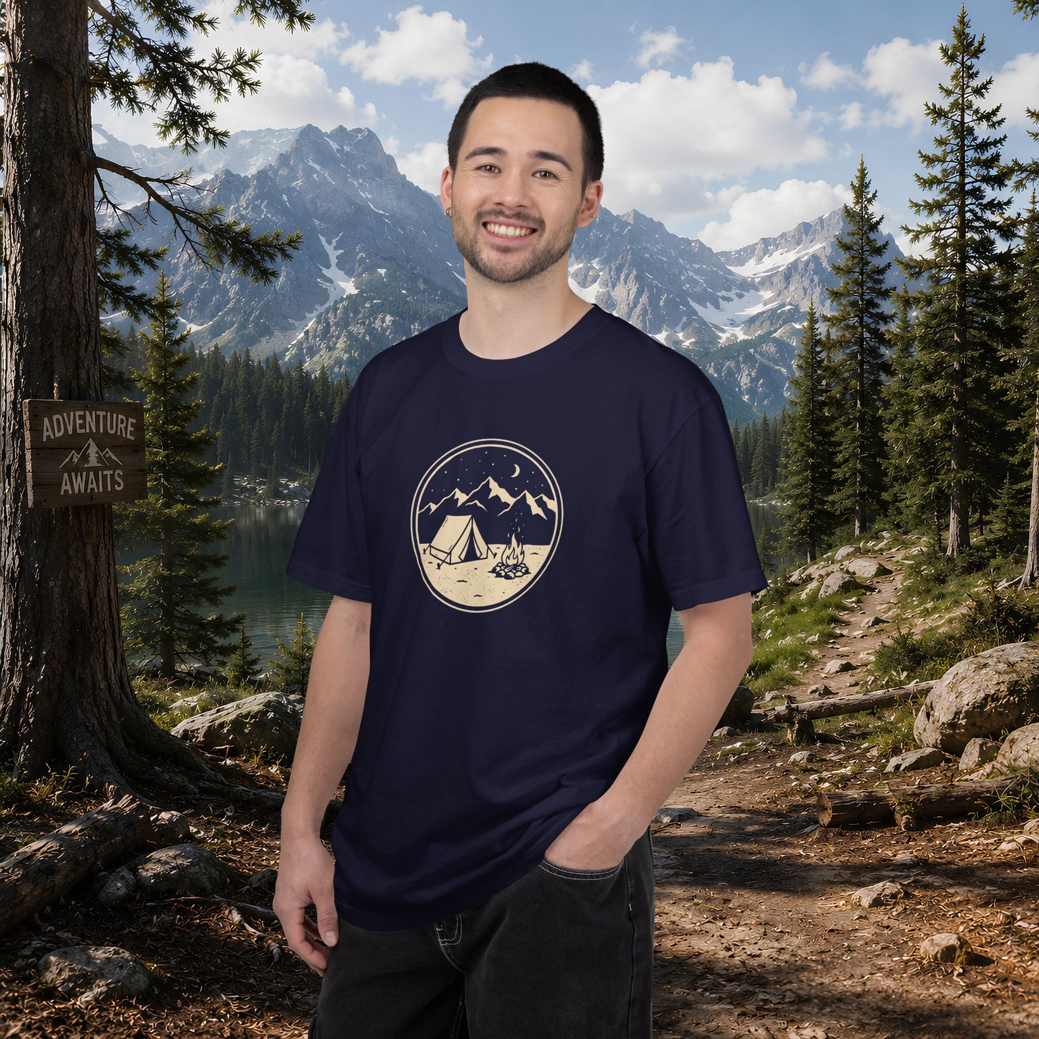 Mountain Camping Circle Art T-shirt | Tent Campfire Outdoors Tee