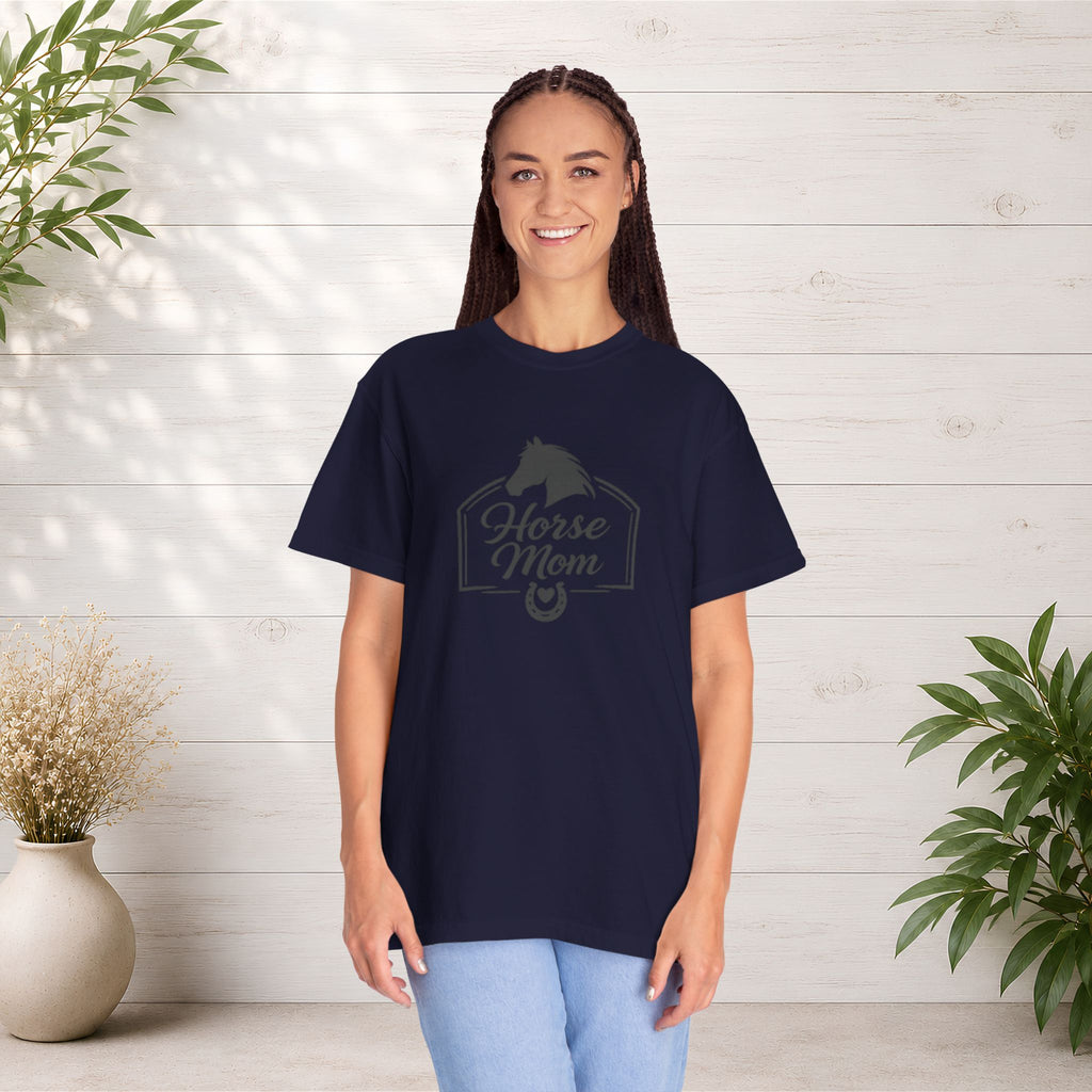 Horse Mom T-Shirt — Equestrian Tee with Horse Silhouette & Horseshoe