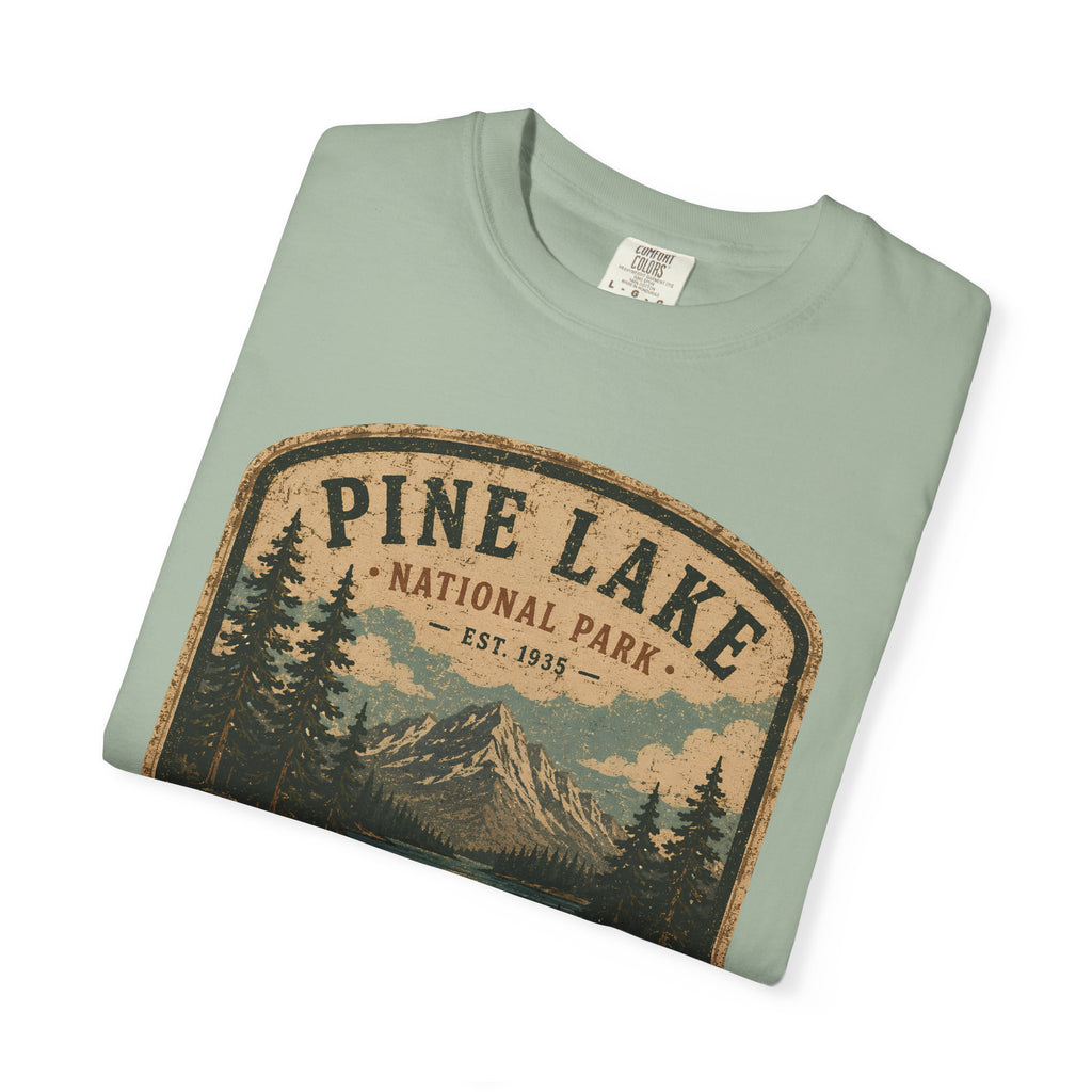 Pine Lake National Park Badge T-Shirt | Mountain Lake Forest Graphic