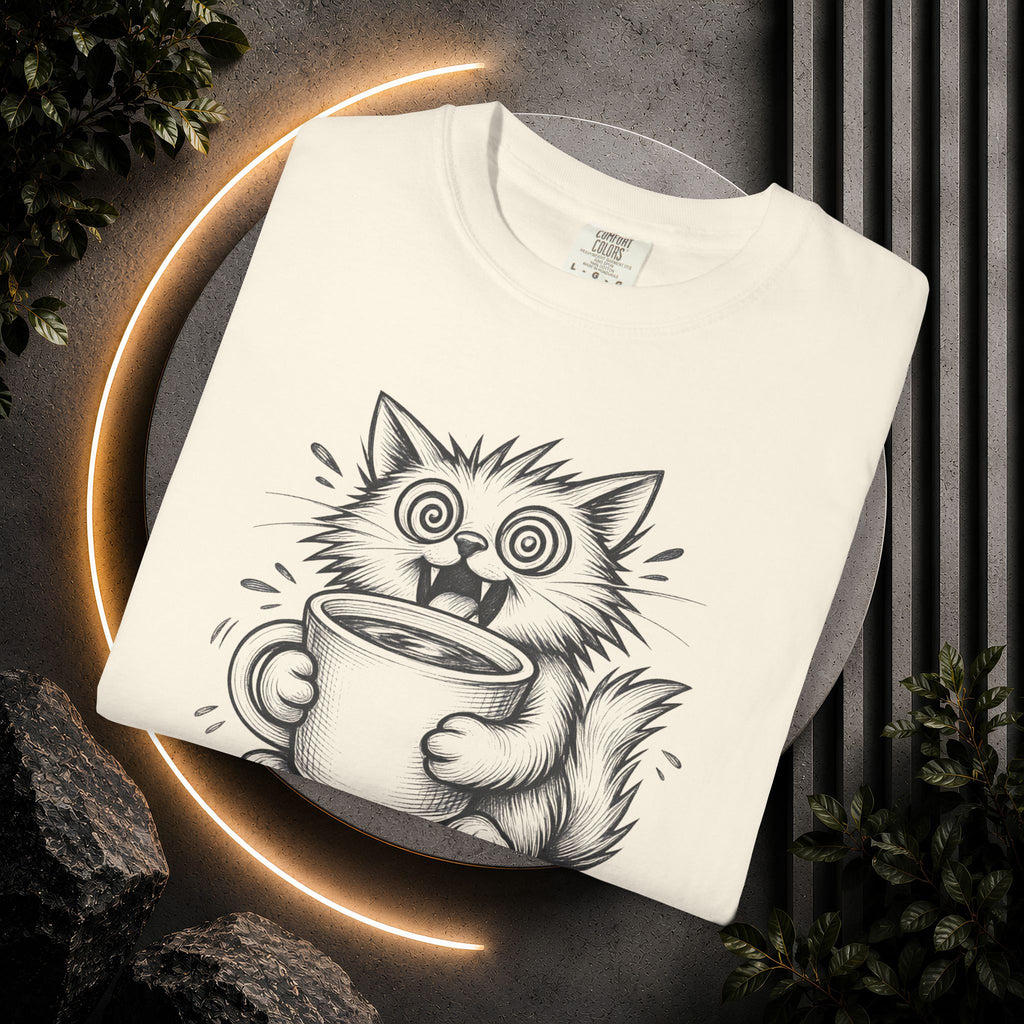 Caffeinated Cat T-Shirt — "Caffeinated Catastrophe" Coffee Lover Tee
