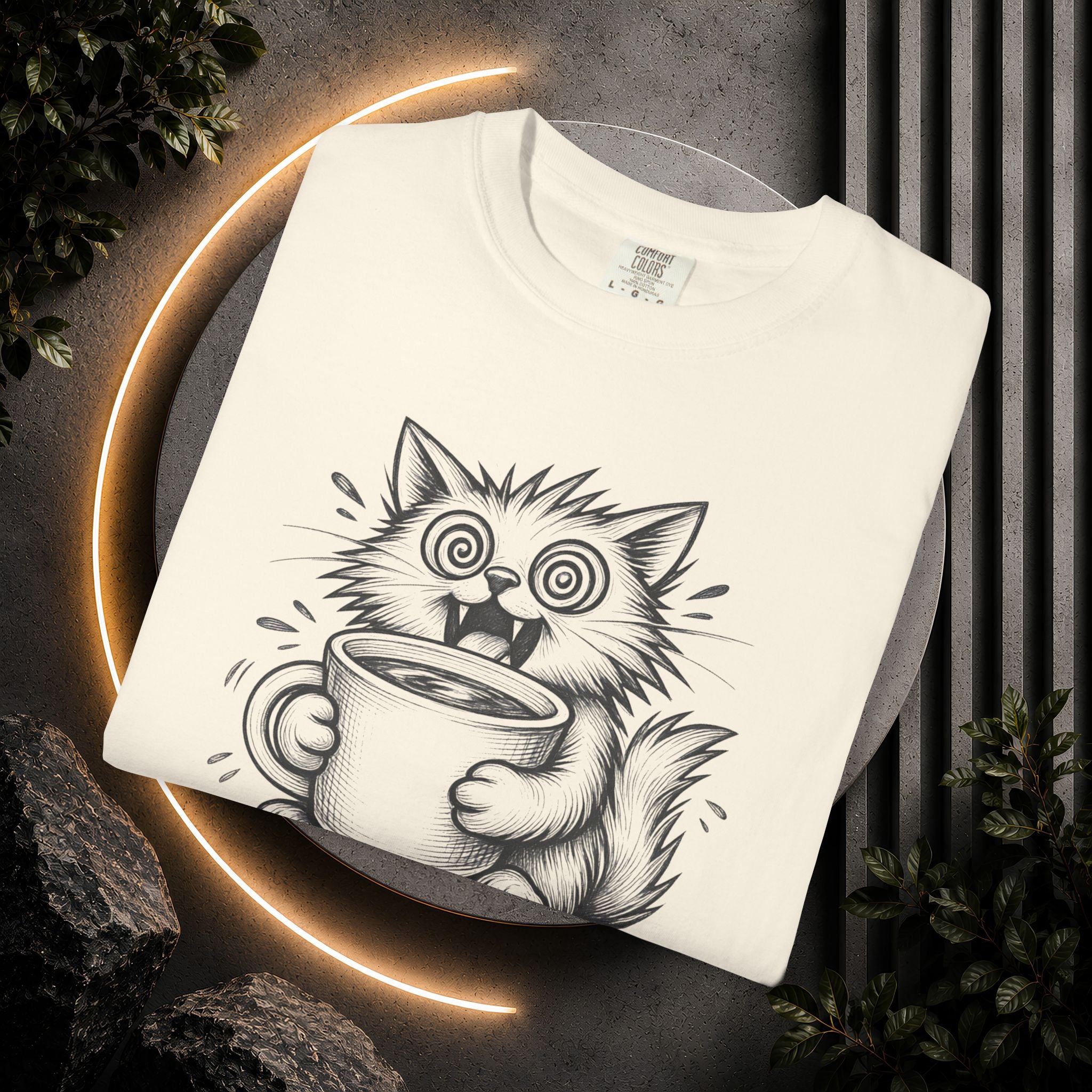 Caffeinated Cat T-Shirt — "Caffeinated Catastrophe" Coffee Lover Tee