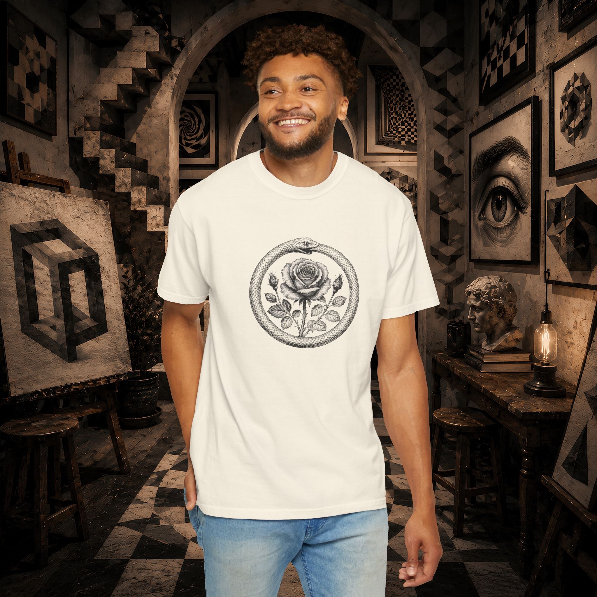 Rose in Ouroboros Snake Circle T-shirt | Botanical Vintage Line Art