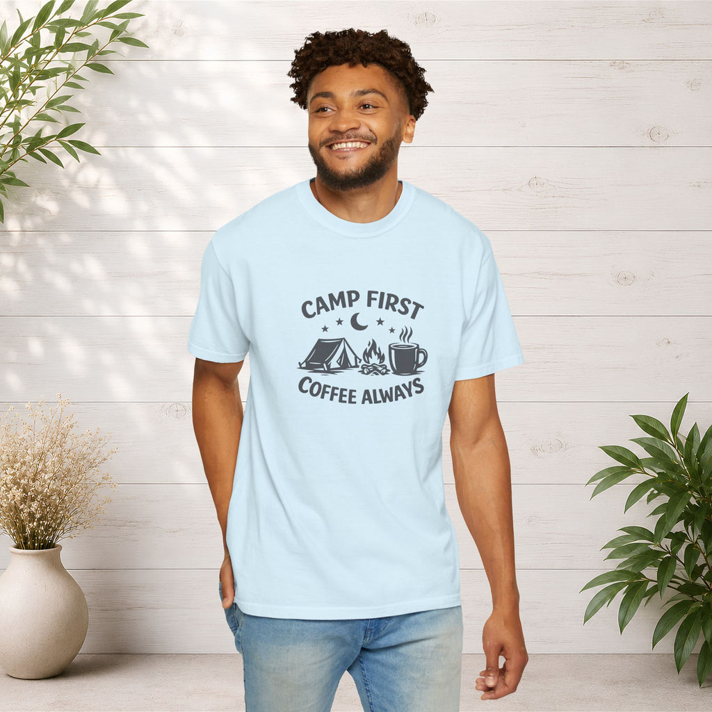 Camping T-Shirt — “Camp First, Coffee Always” Adventure Tee