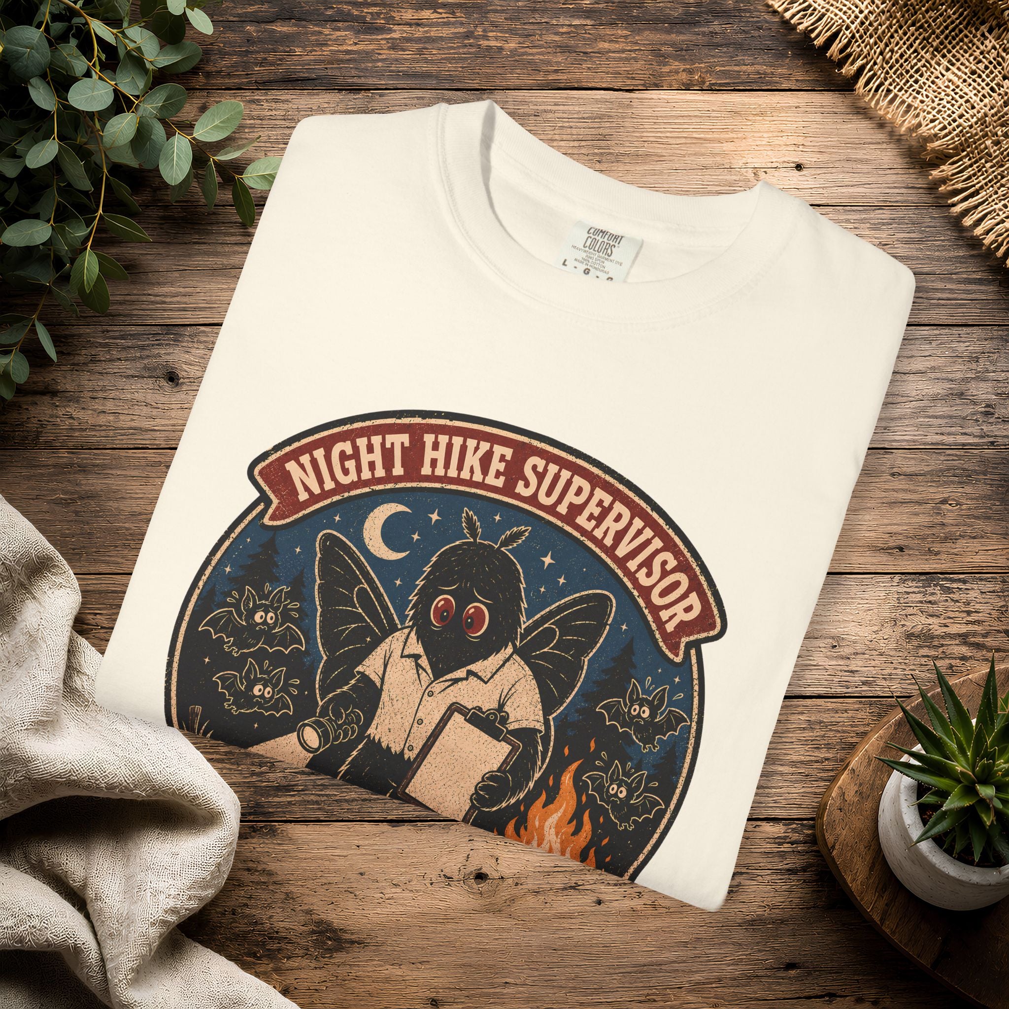 Night Hike Supervisor Mothman T‑Shirt — Camp Cryptid Retro Outdoor Badge