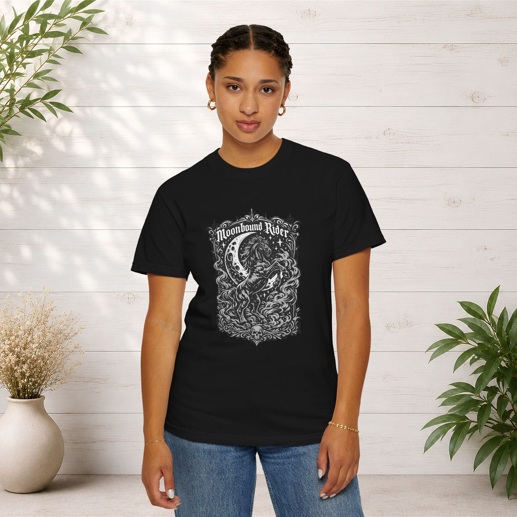 Moonbound Rider T‑Shirt — Gothic Horse Moon Design