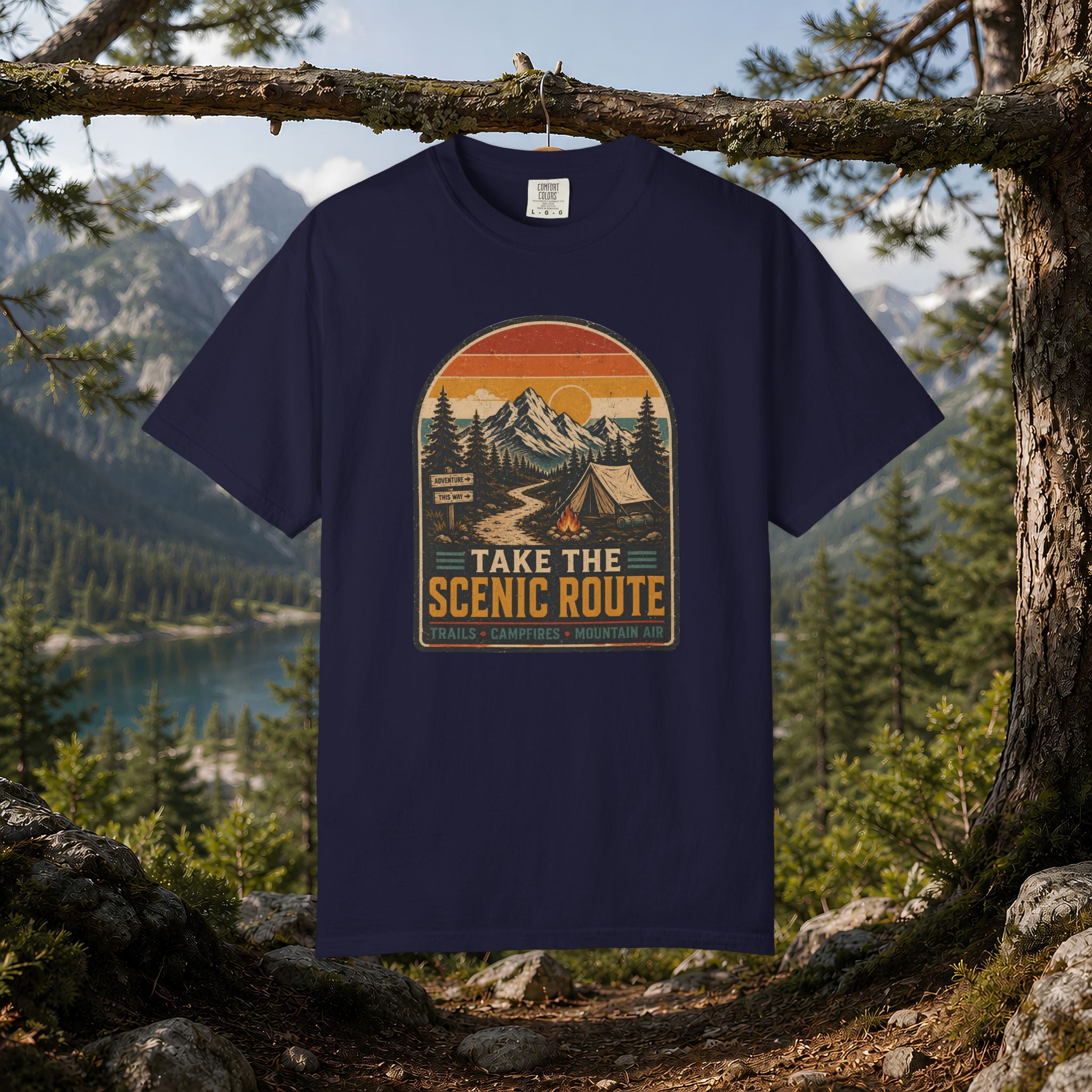Scenic Route Camping T-Shirt — Retro Mountains & Tent Outdoor Tee