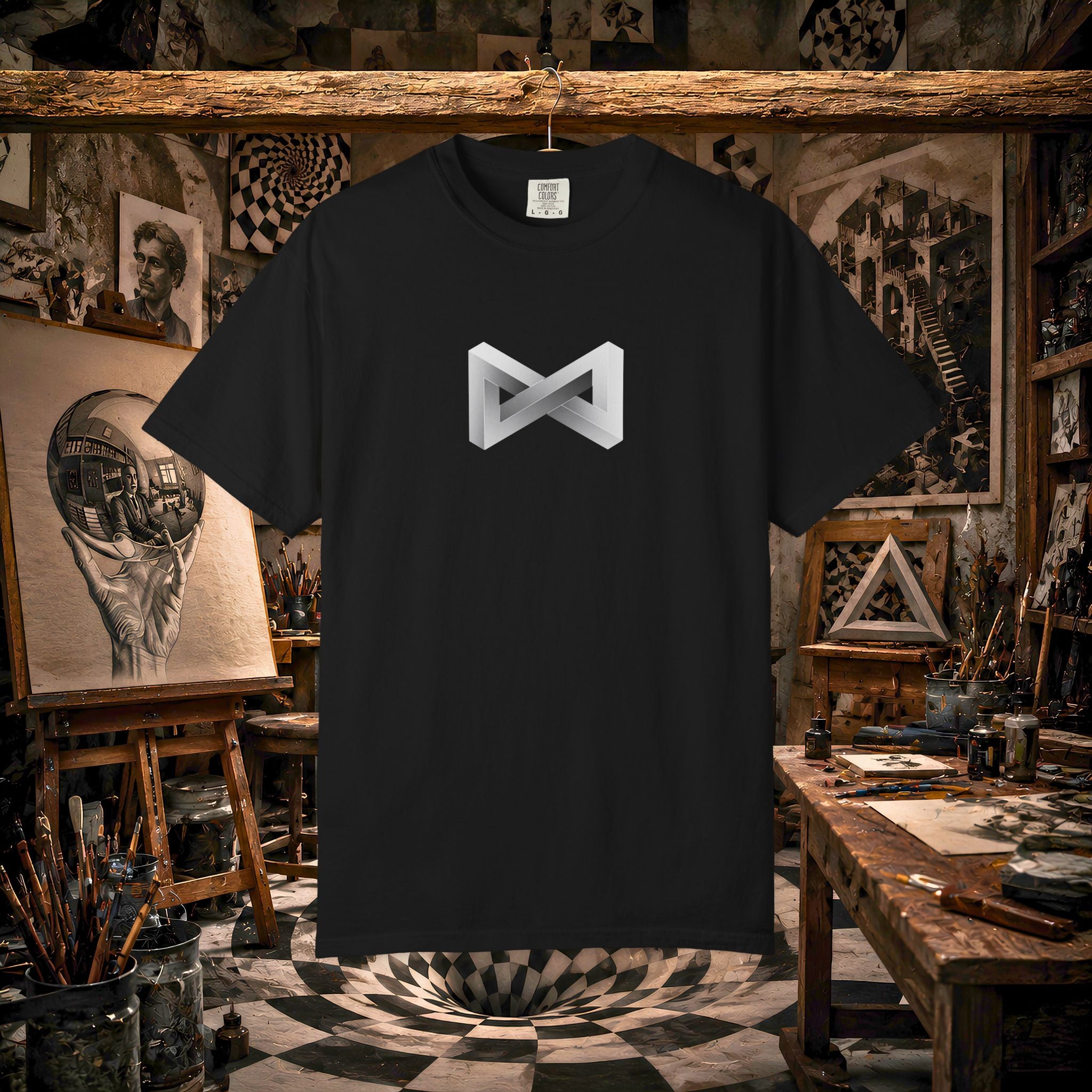 Optical Illusion Logo T-Shirt — Minimal Monochrome Infinity Design