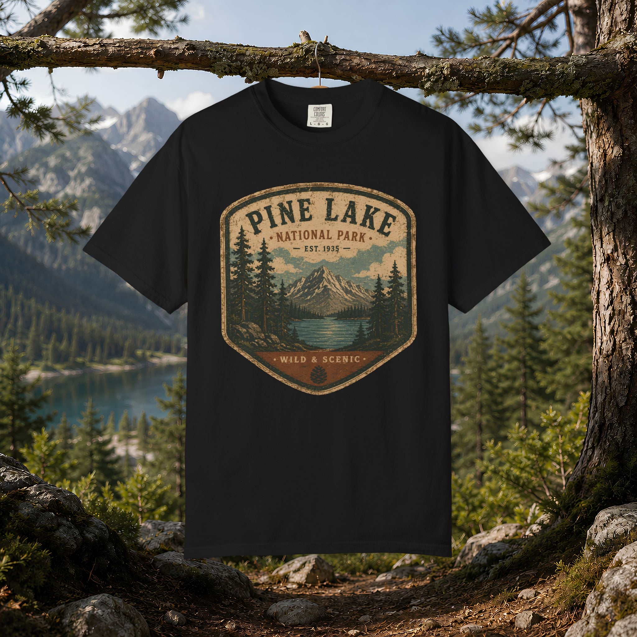 Pine Lake National Park Badge T-Shirt | Mountain Lake Forest Graphic