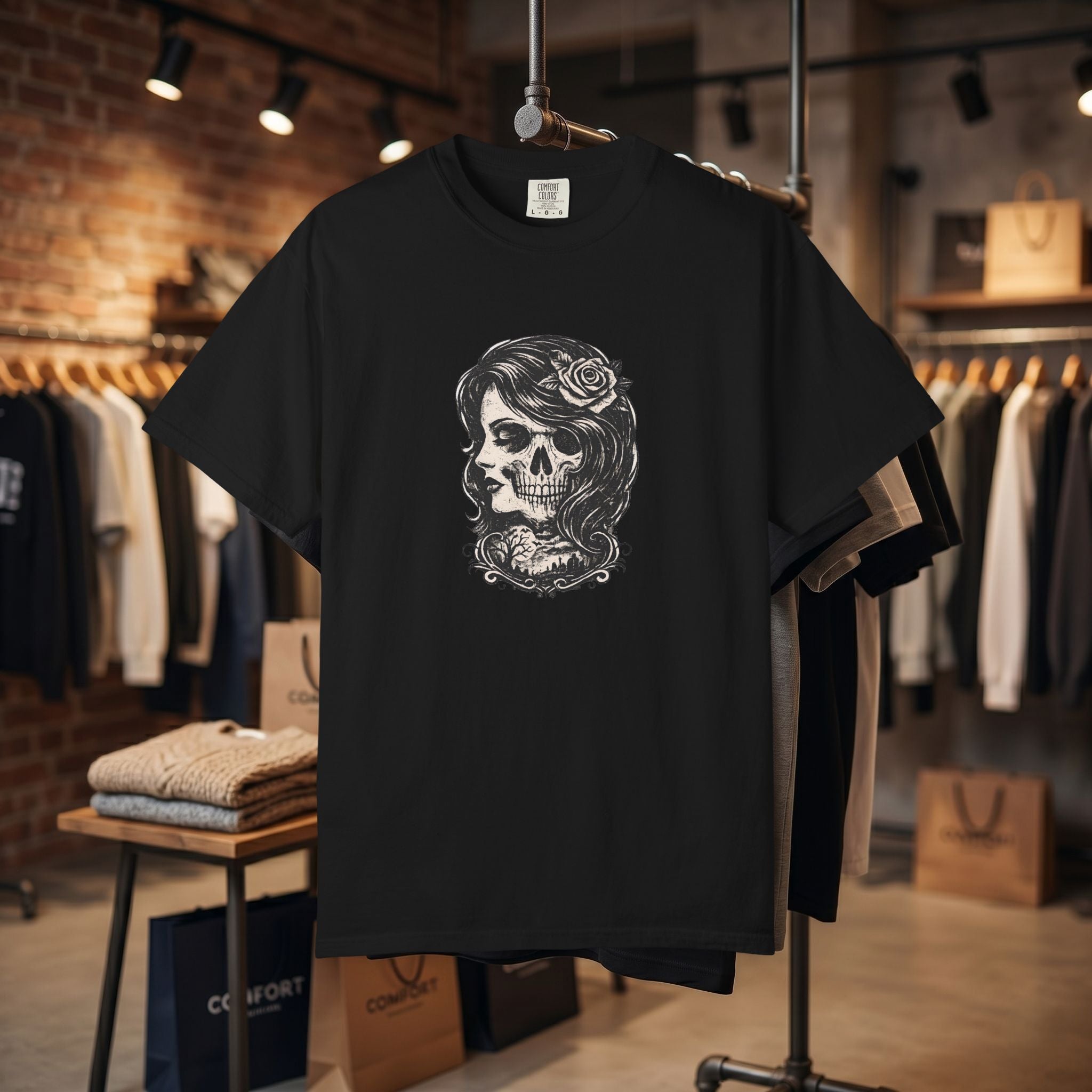 Skull Lady Rose T-Shirt — Vintage Day of the Dead Portrait Tee