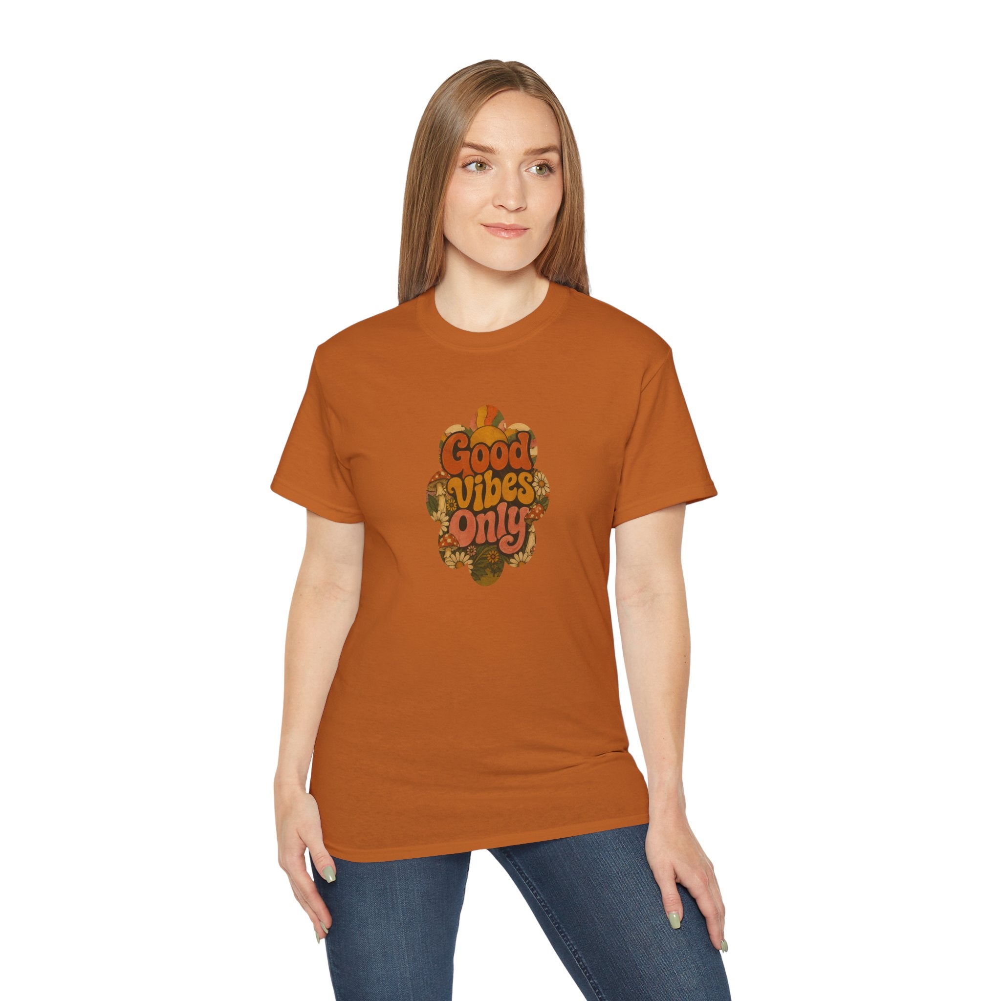 Good Vibes Only T-Shirt | Retro Floral Typography, Orange Fall Tee