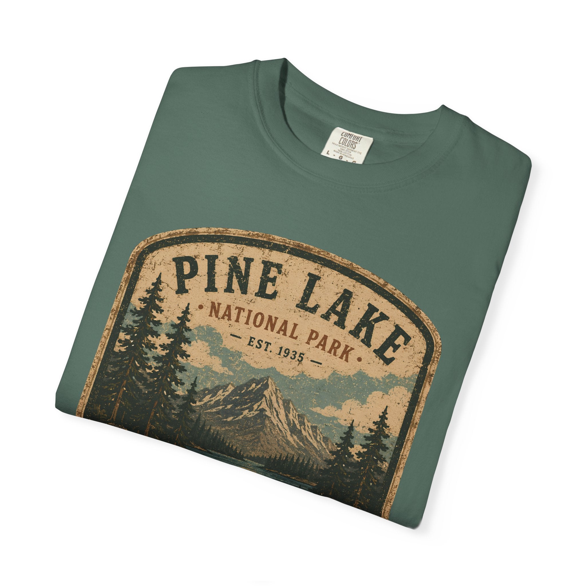 Pine Lake National Park Badge T-Shirt | Mountain Lake Forest Graphic