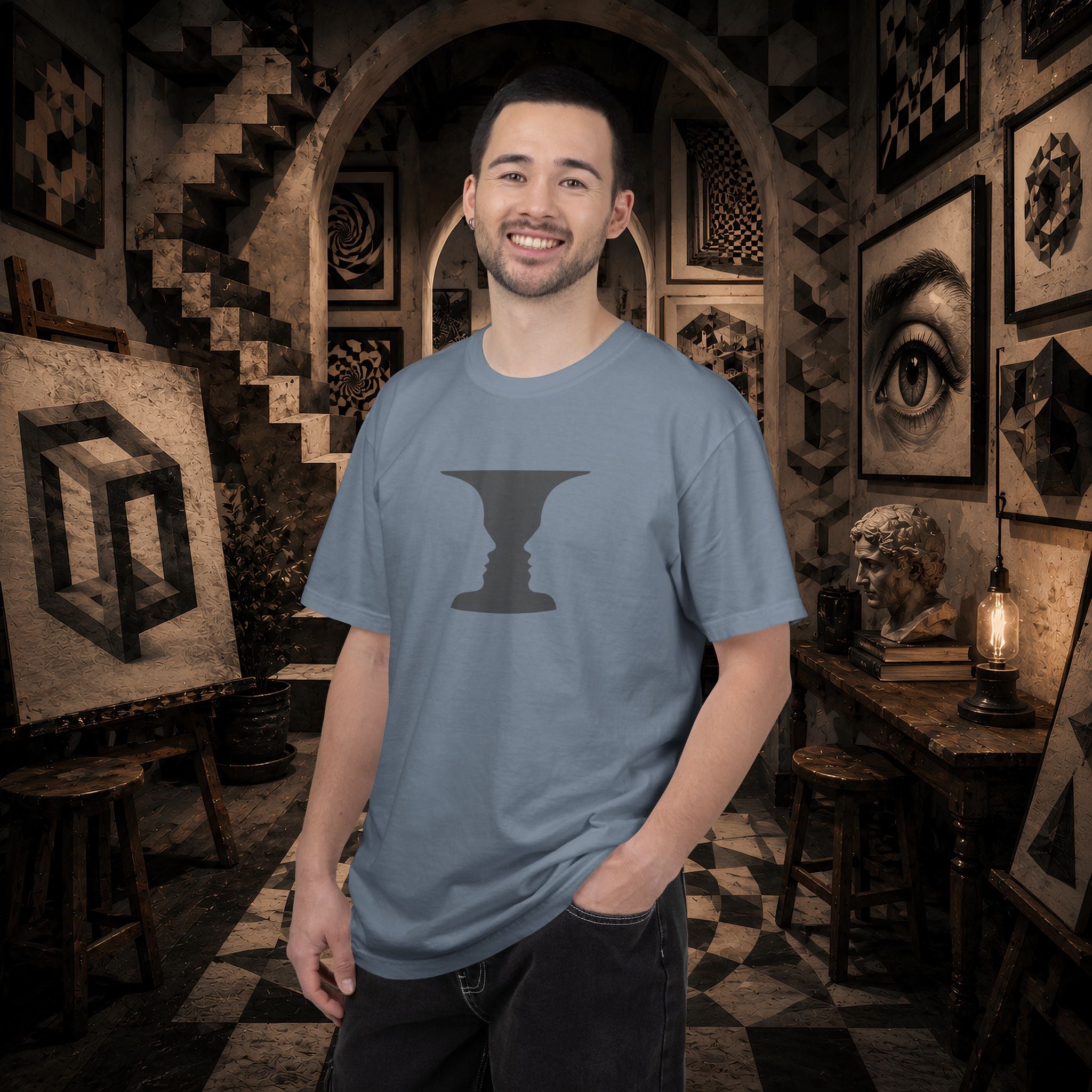 Optical Illusion Vase T-Shirt — Rubin’s Face Profile Graphic Tee