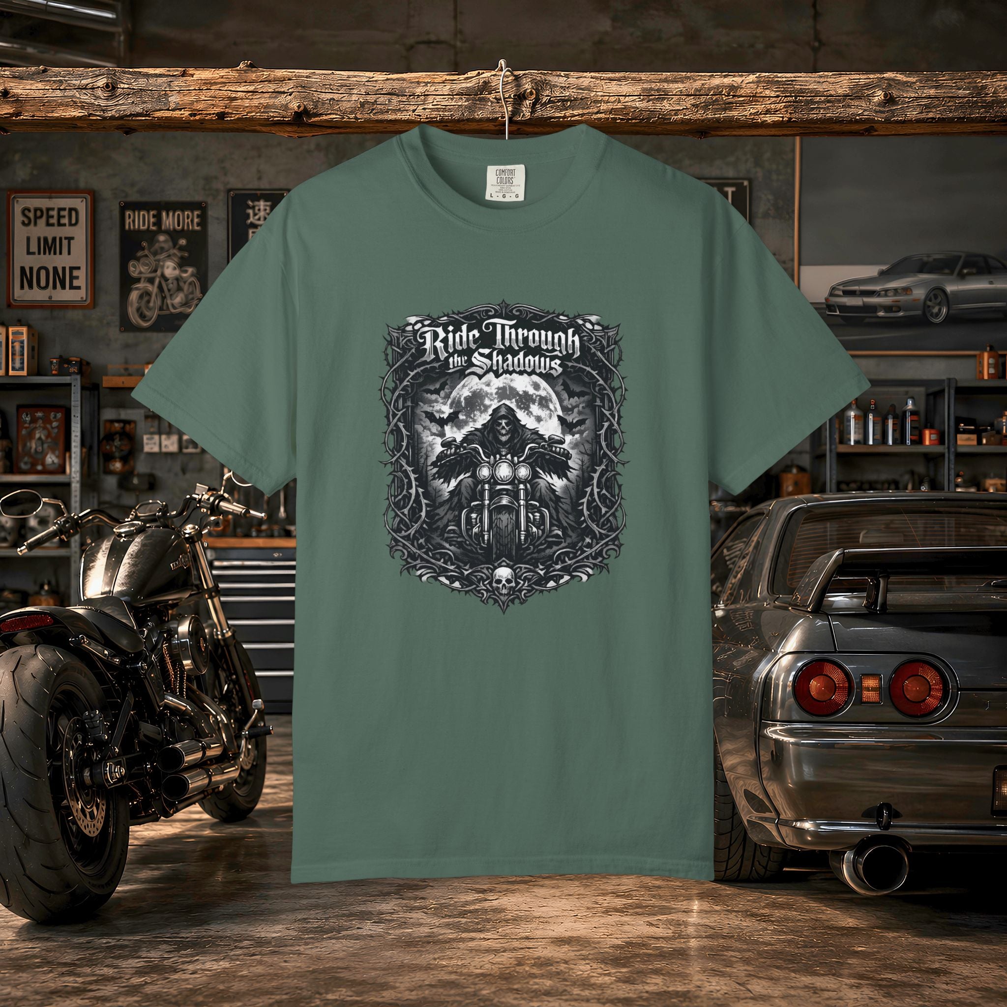 Ride Through Shadows T-Shirt — Gothic Skull Motorcycle Graphic Tee