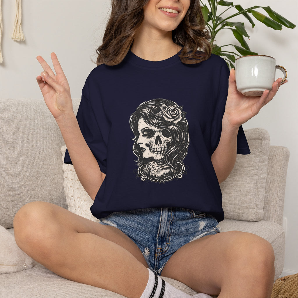 Skull Lady Rose T-Shirt — Vintage Day of the Dead Portrait Tee