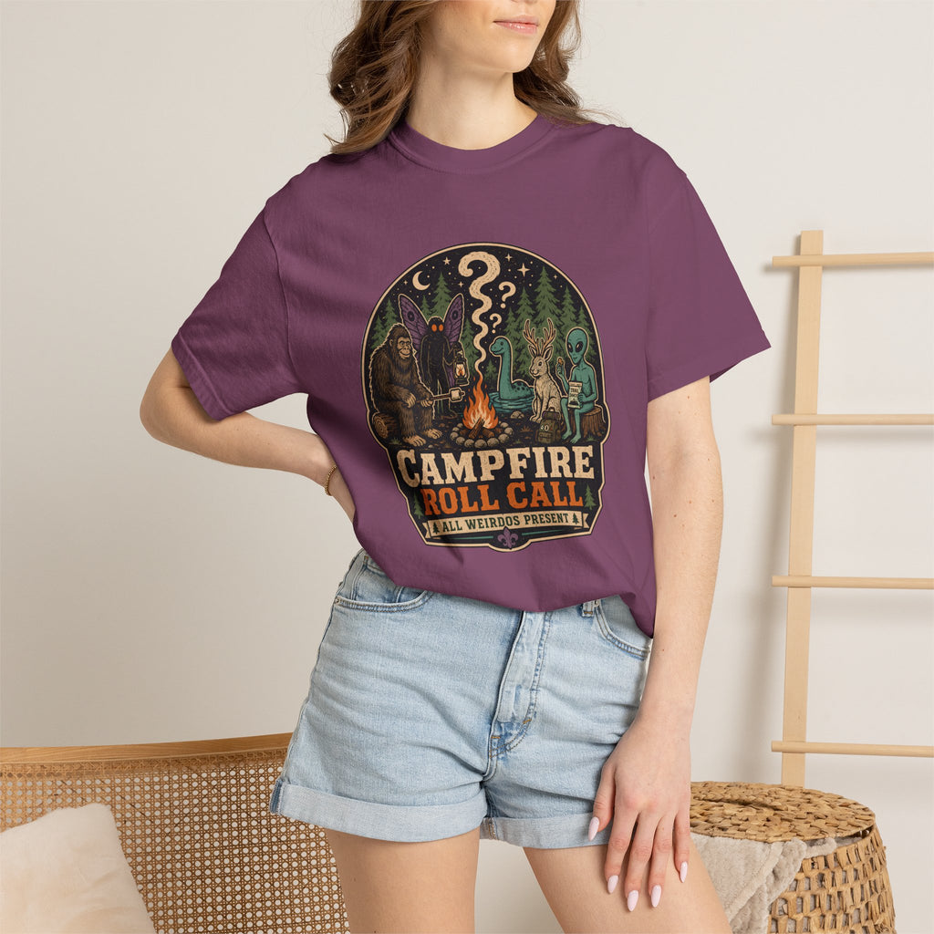 Campfire Cryptid Roll Call T-Shirt — Vintage Camping Patch Graphic