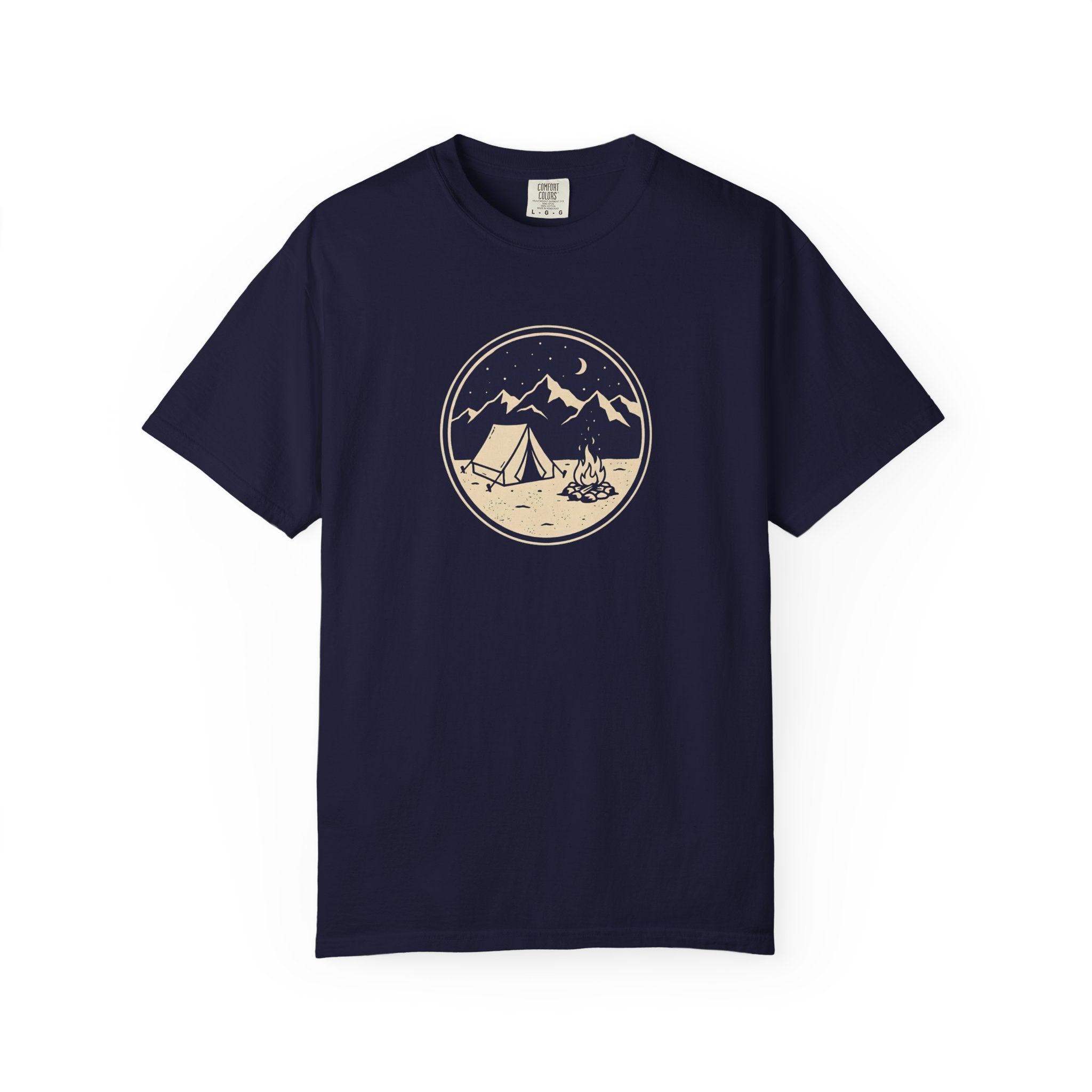 Mountain Camping Circle Art T-shirt | Tent Campfire Outdoors Tee