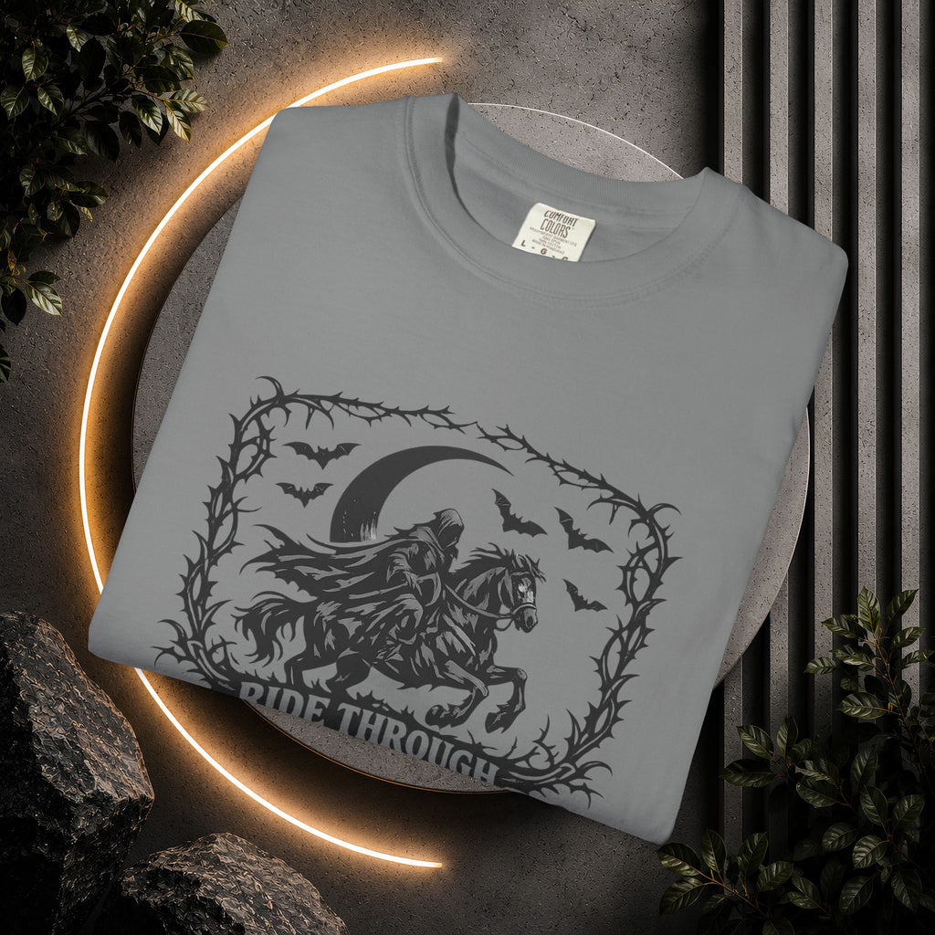 Ride Through Shadows T-Shirt — Gothic Raven Horse Moon Design