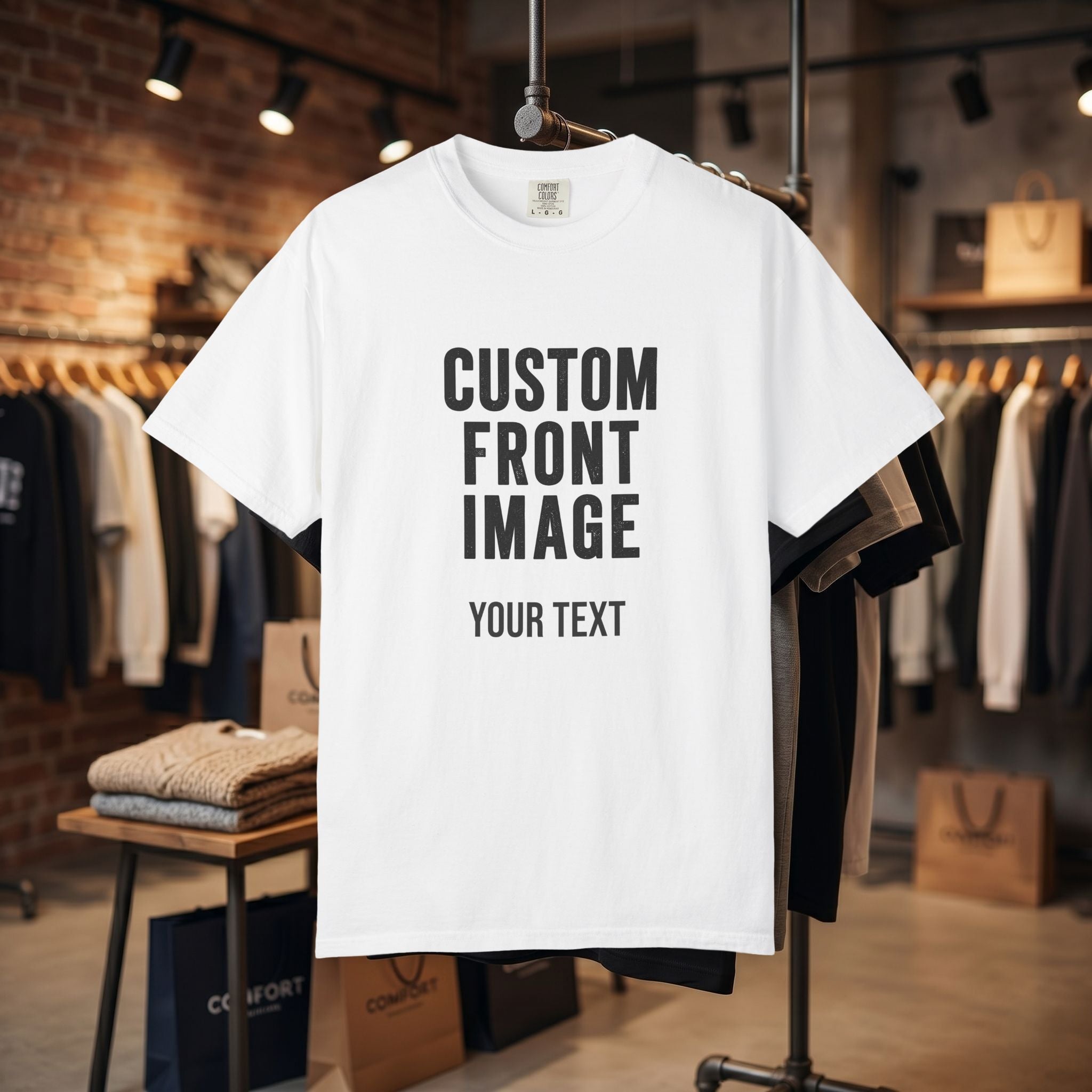 Custom Front Square Print T-Shirt — Personalized Text Bottom & Image Tee