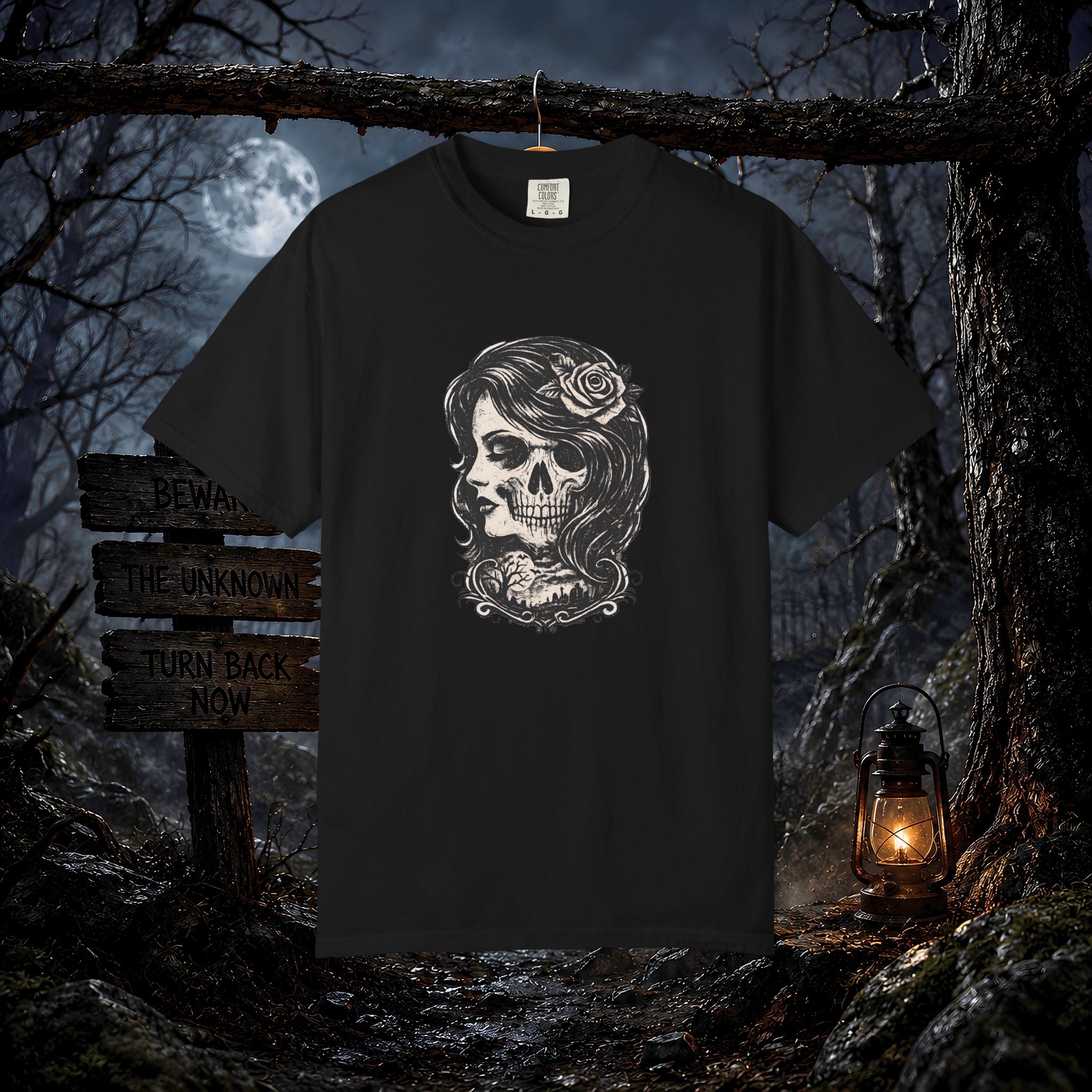 Skull Lady Rose T-Shirt — Vintage Day of the Dead Portrait Tee