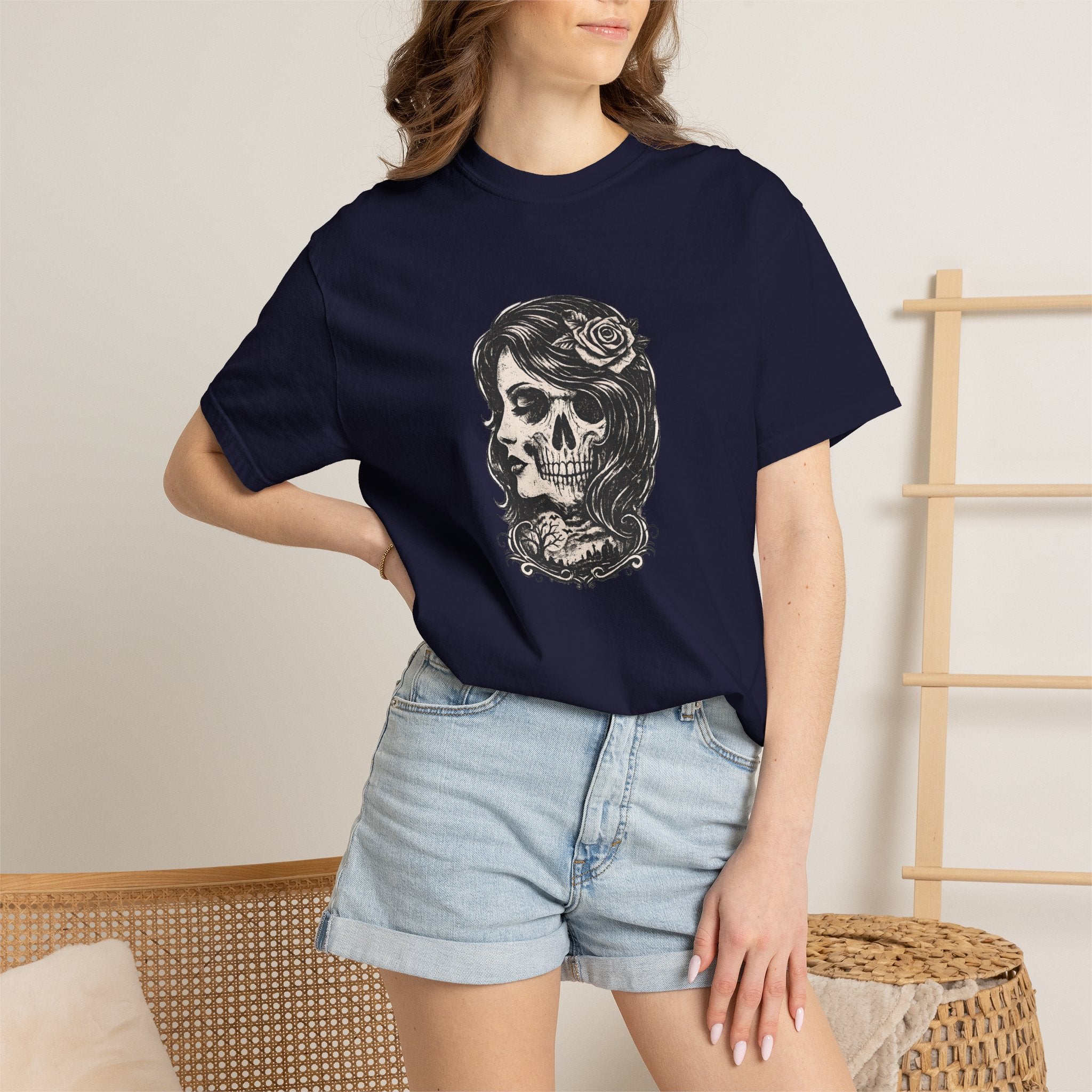 Skull Lady Rose T-Shirt — Vintage Day of the Dead Portrait Tee