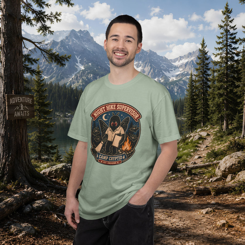 Night Hike Supervisor Mothman T‑Shirt — Camp Cryptid Retro Outdoor Badge