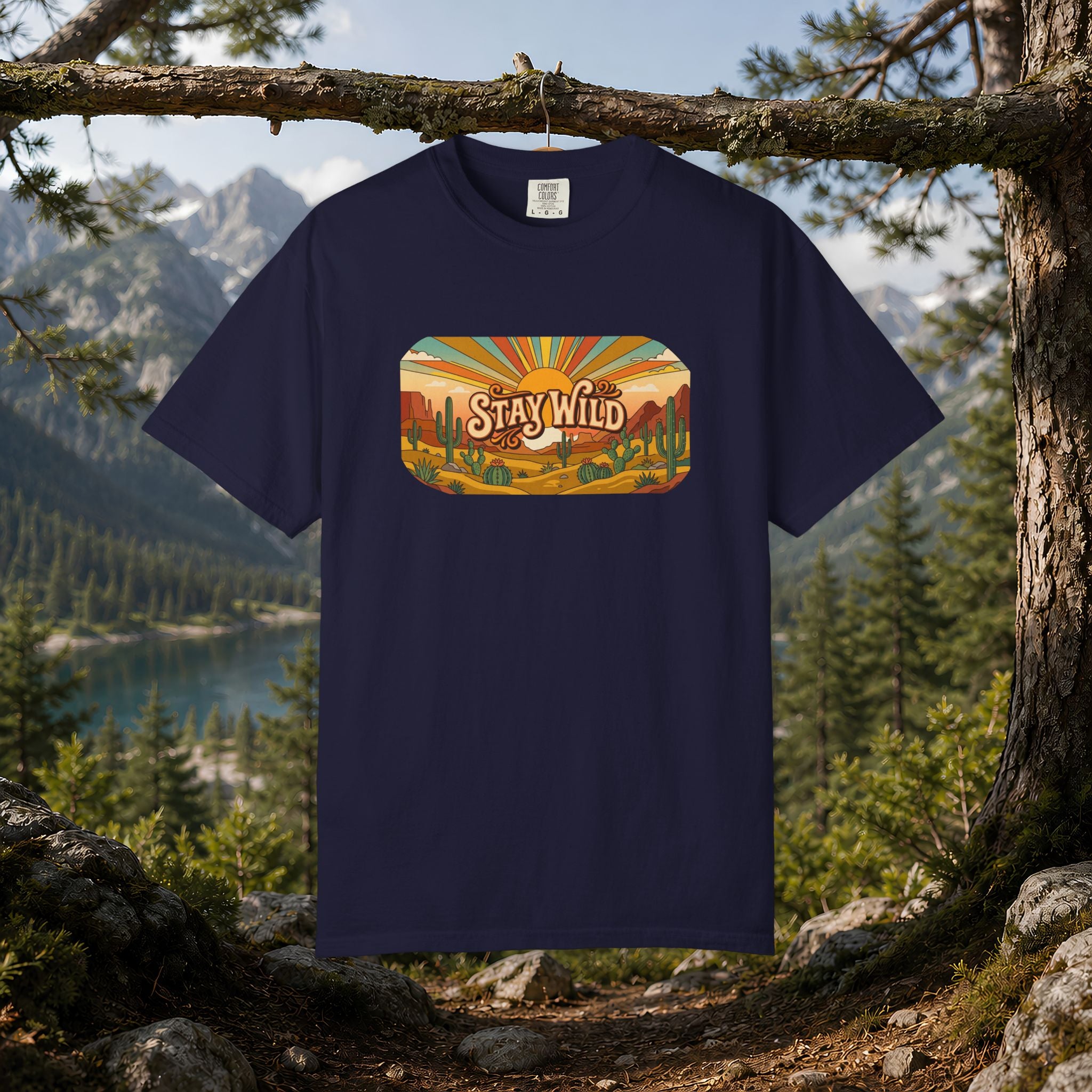 Stay Wild Desert Sunset T-shirt | Retro Cactus Landscape