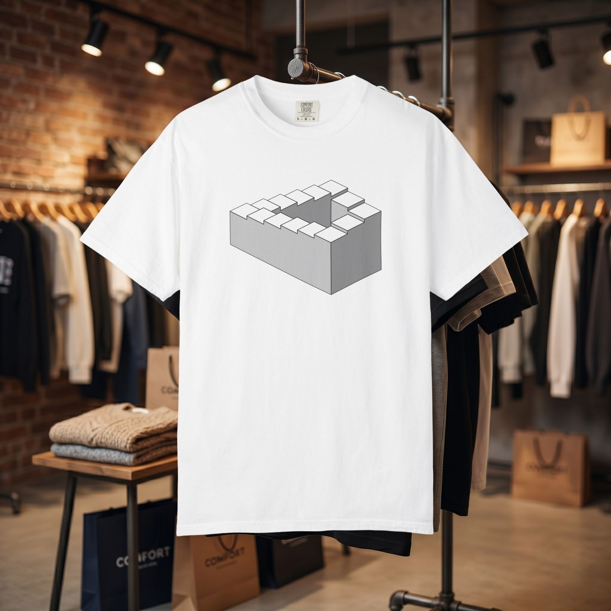 Optical Illusion Staircase Tee — Impossible Step Graphic T-Shirt