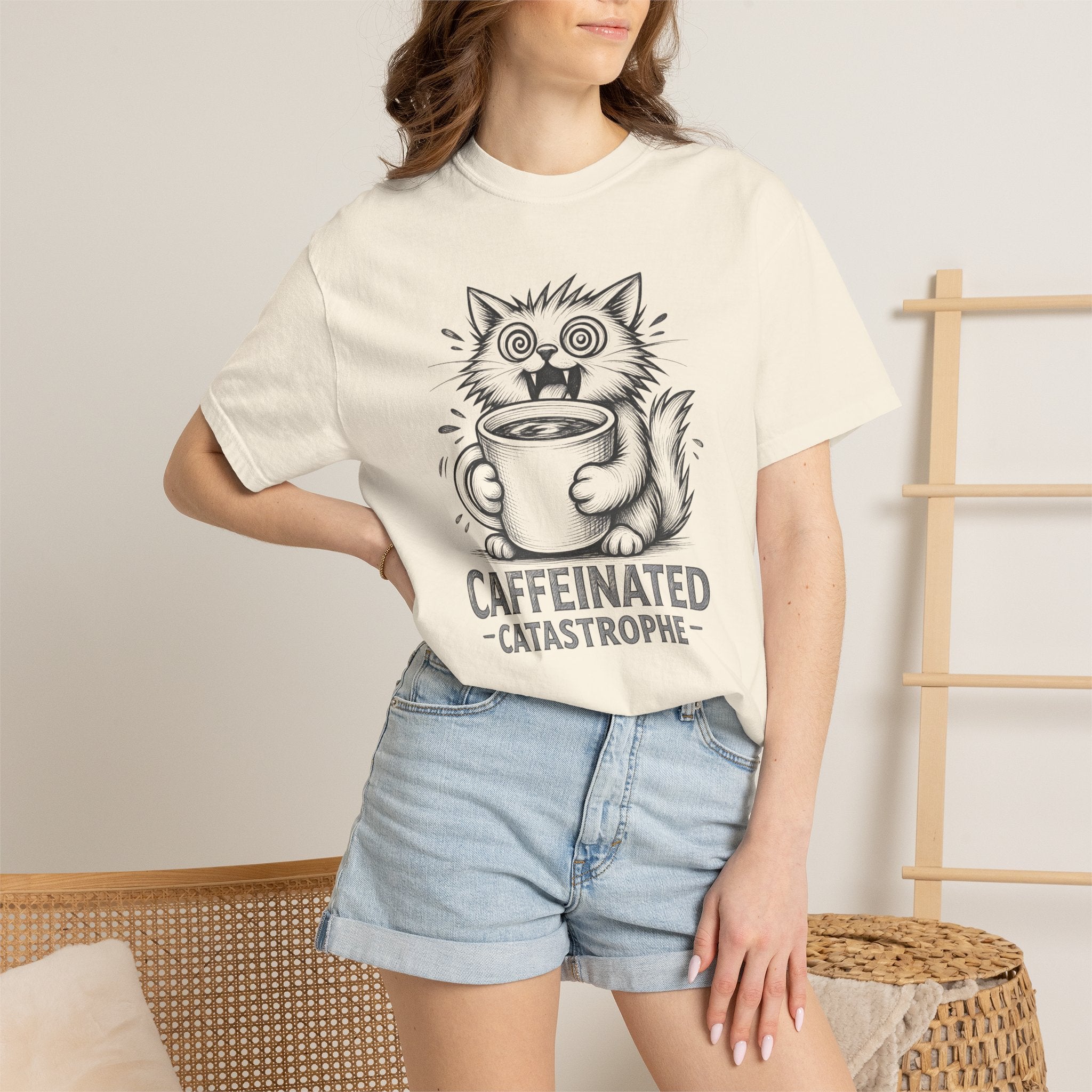 Caffeinated Cat T-Shirt — "Caffeinated Catastrophe" Coffee Lover Tee