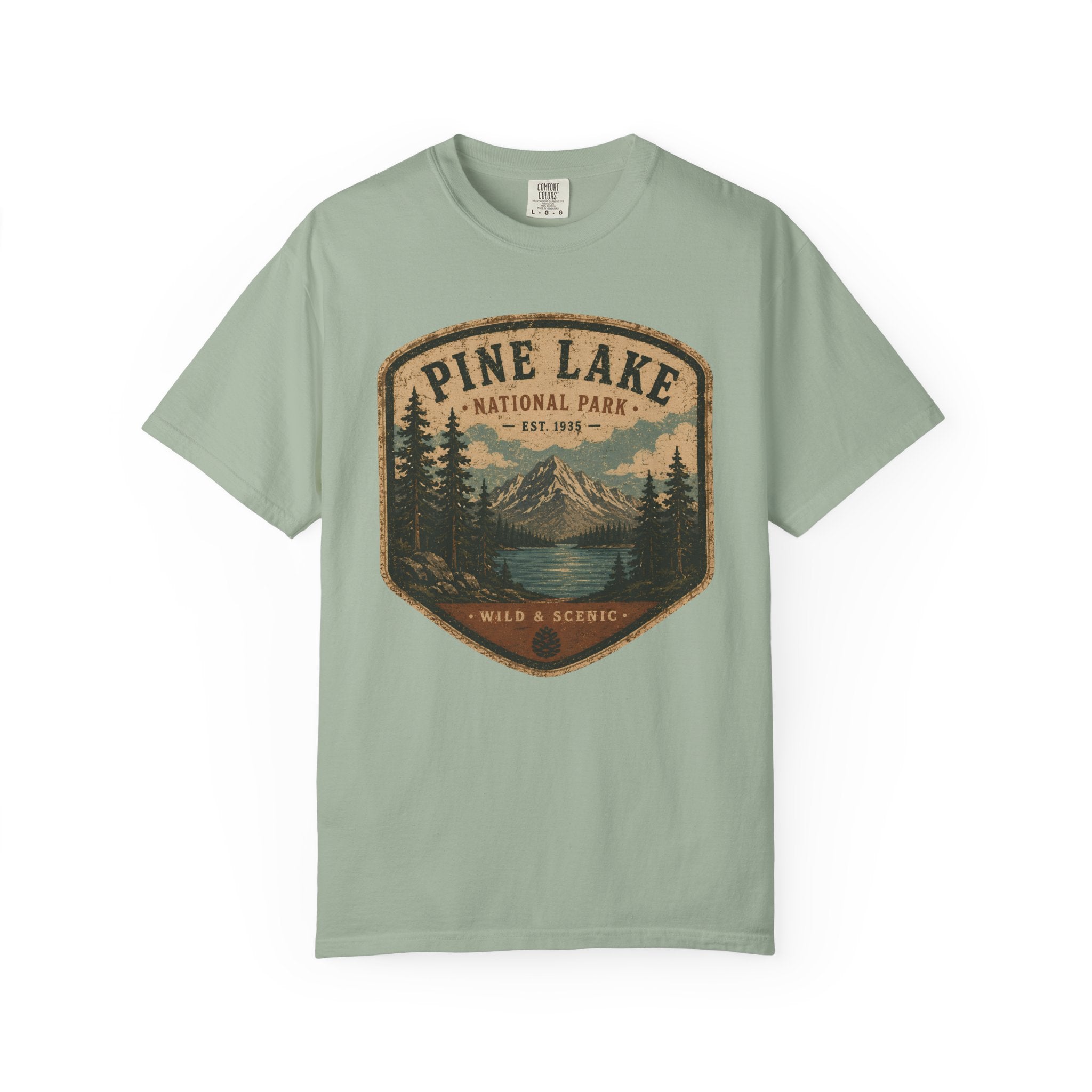 Pine Lake National Park Badge T-Shirt | Mountain Lake Forest Graphic