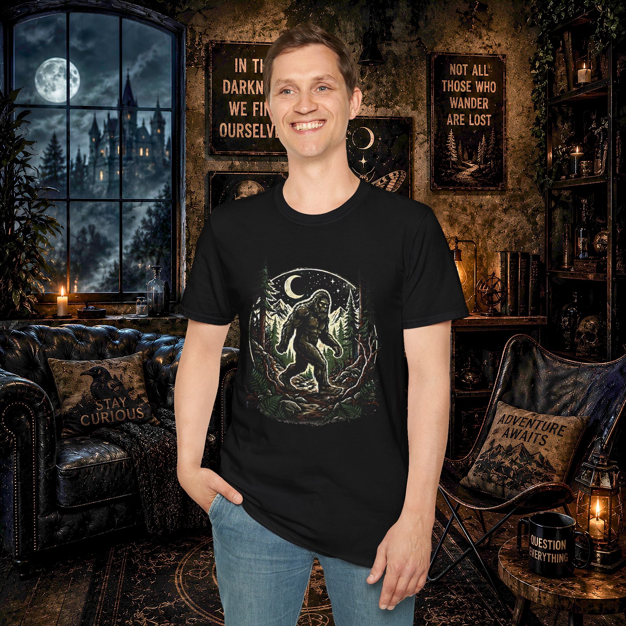 Bigfoot Forest Moon T-Shirt | Sasquatch Night Hiking Design