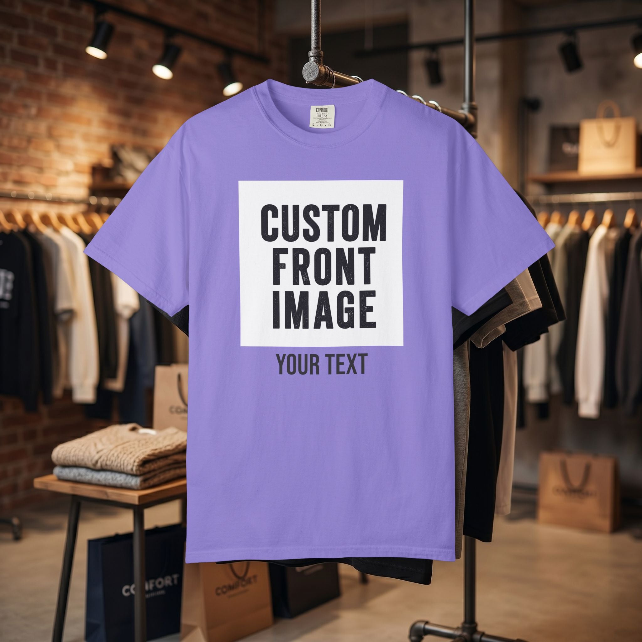 Custom Front Square Print T-Shirt — Personalized Text Bottom & Image Tee