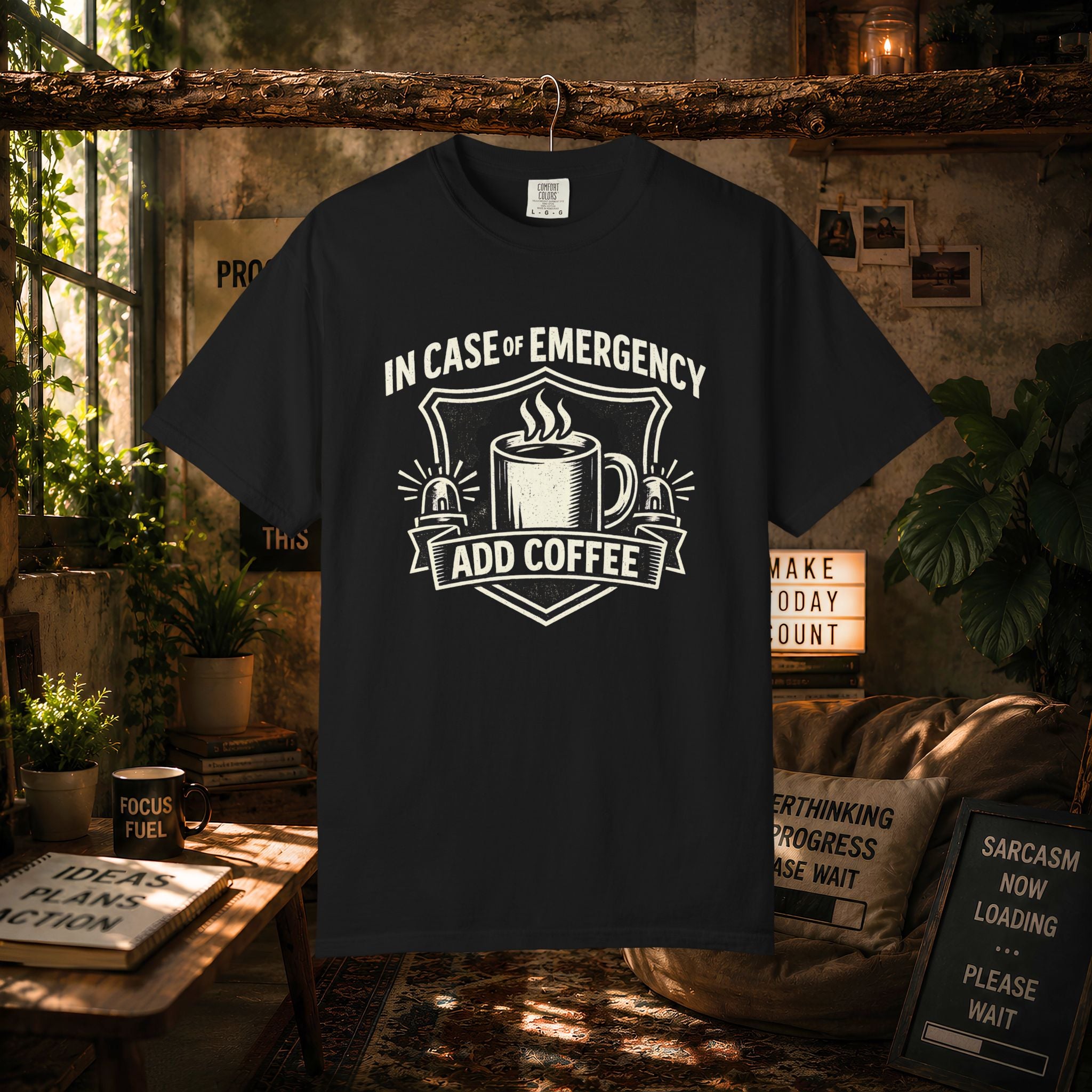 Coffee Emergency T-Shirt — "In Case of Emergency Add Coffee" Graphic Tee