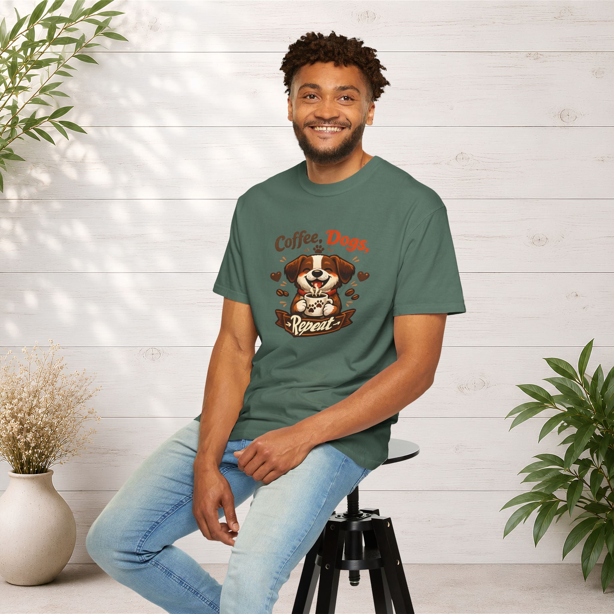 "Coffee, Dogs, Repeat" Cute Dog & Coffee Graphic T-Shirt