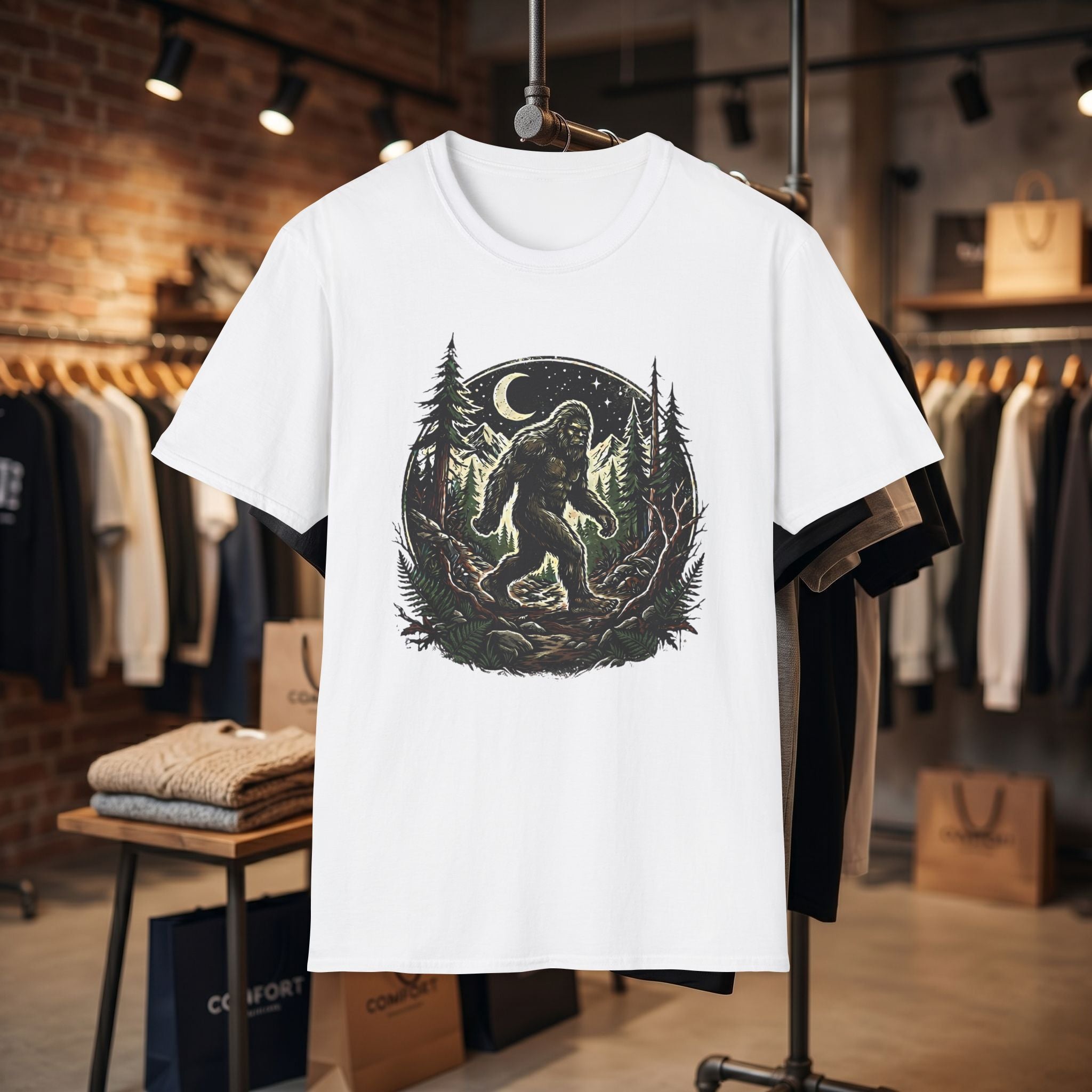 Bigfoot Forest Moon T-Shirt | Sasquatch Night Hiking Design
