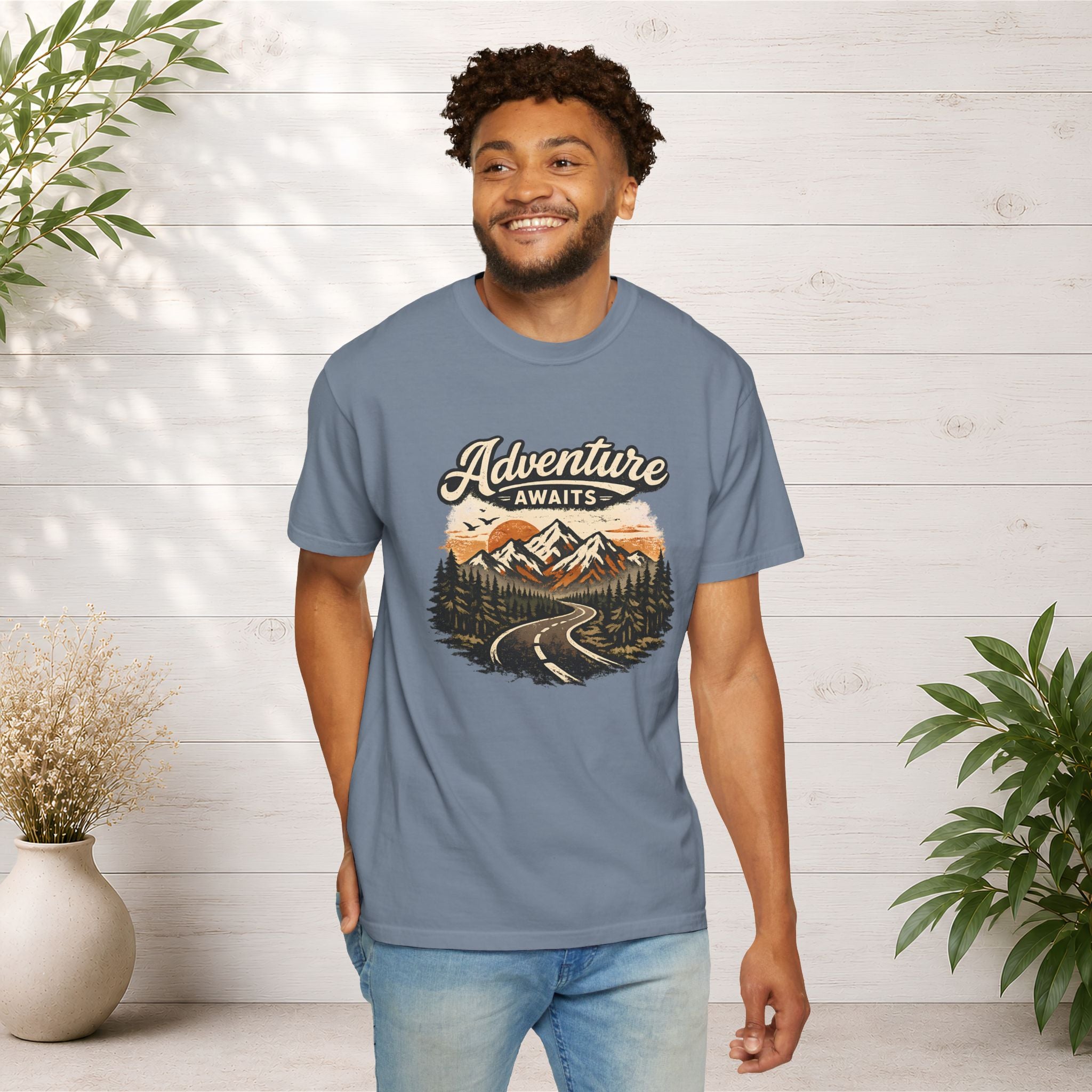 Adventure Awaits T-Shirt — Scenic Mountain Road Graphic Tee