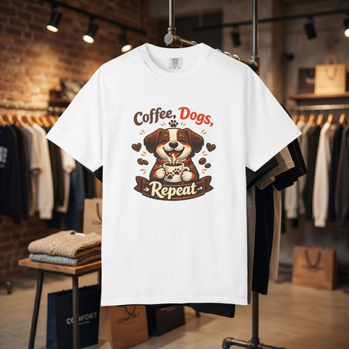 "Coffee, Dogs, Repeat" Cute Dog & Coffee Graphic T-Shirt