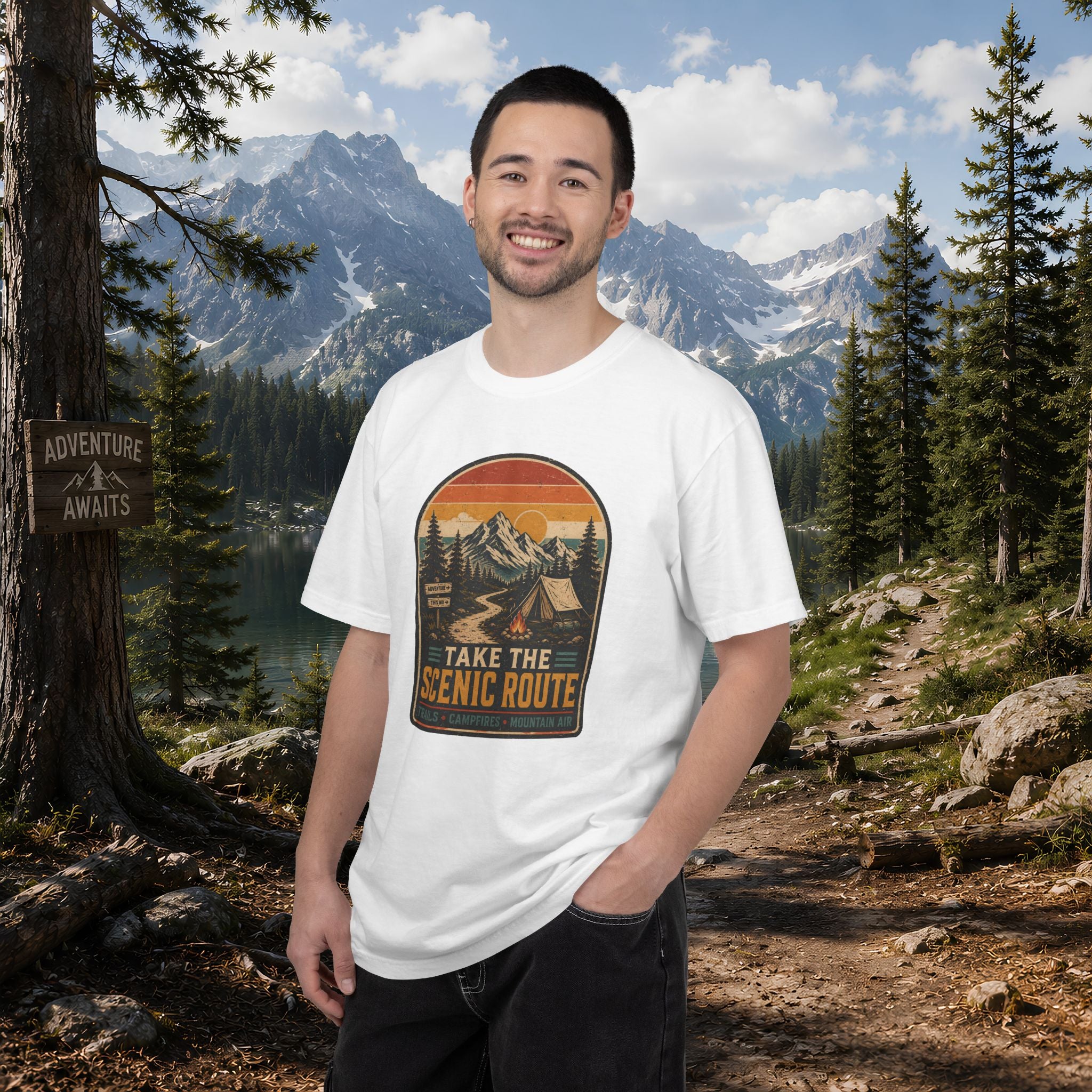 Scenic Route Camping T-Shirt — Retro Mountains & Tent Outdoor Tee