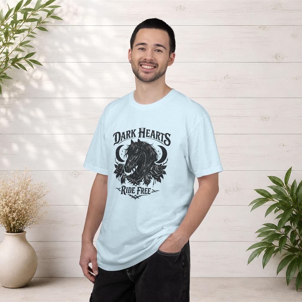 Dark Hearts Ride Free T-Shirt — Gothic Horse Rider Graphic Tee