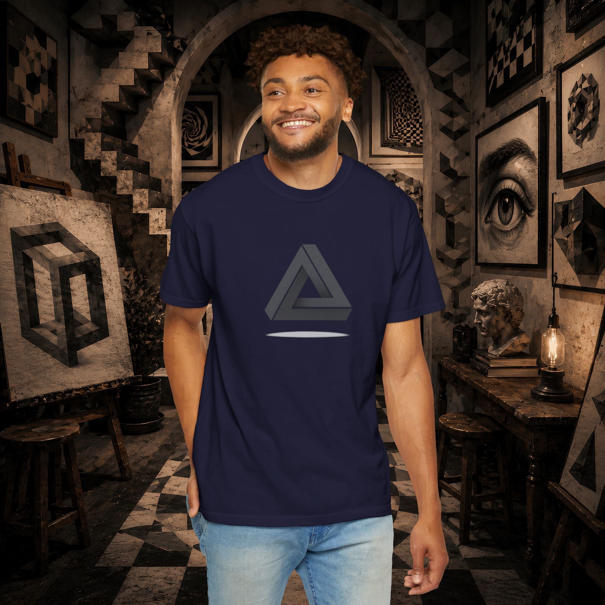 Optical Illusion Triangle T-Shirt — Geometric Penrose Design