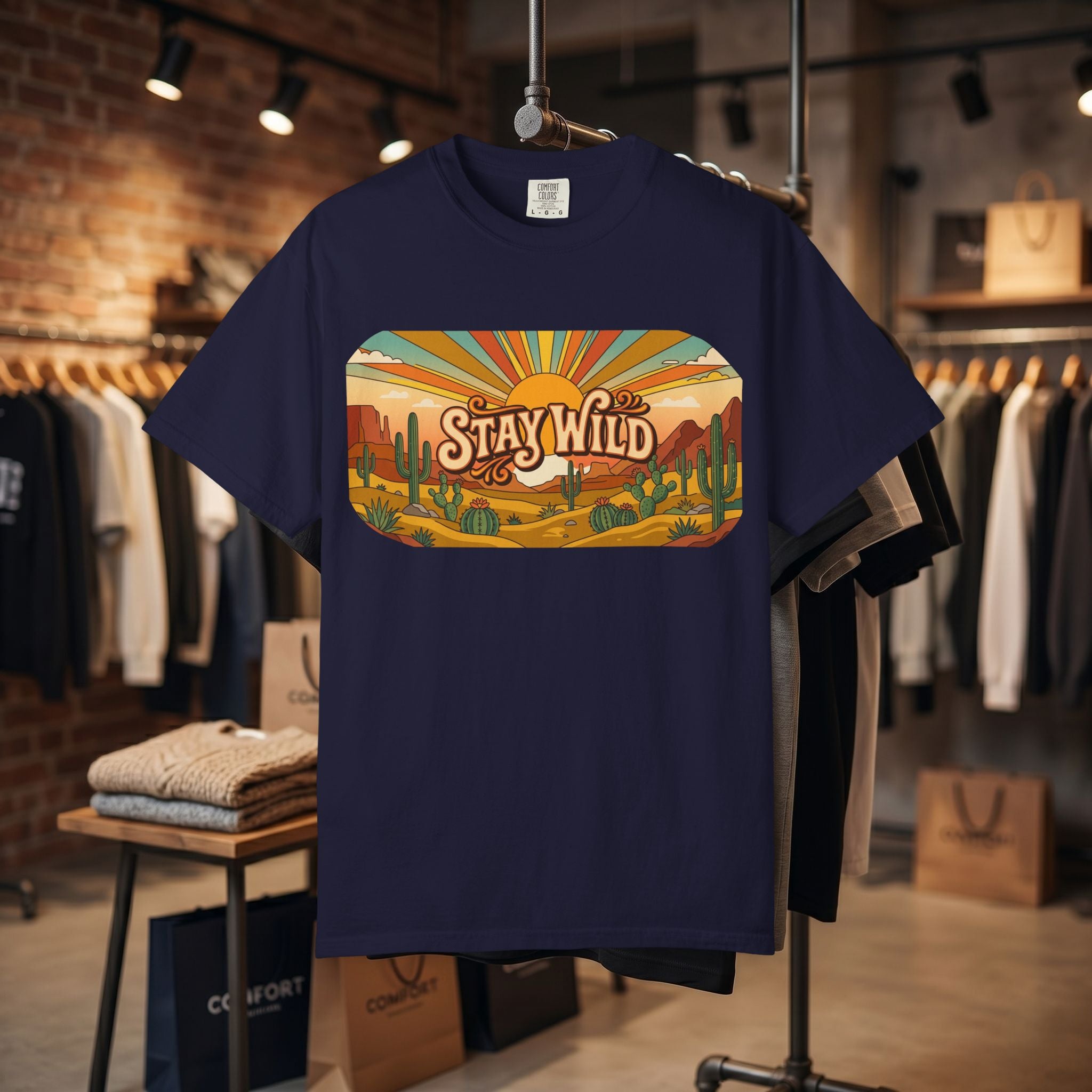 Stay Wild Desert Sunset T-shirt | Retro Cactus Landscape