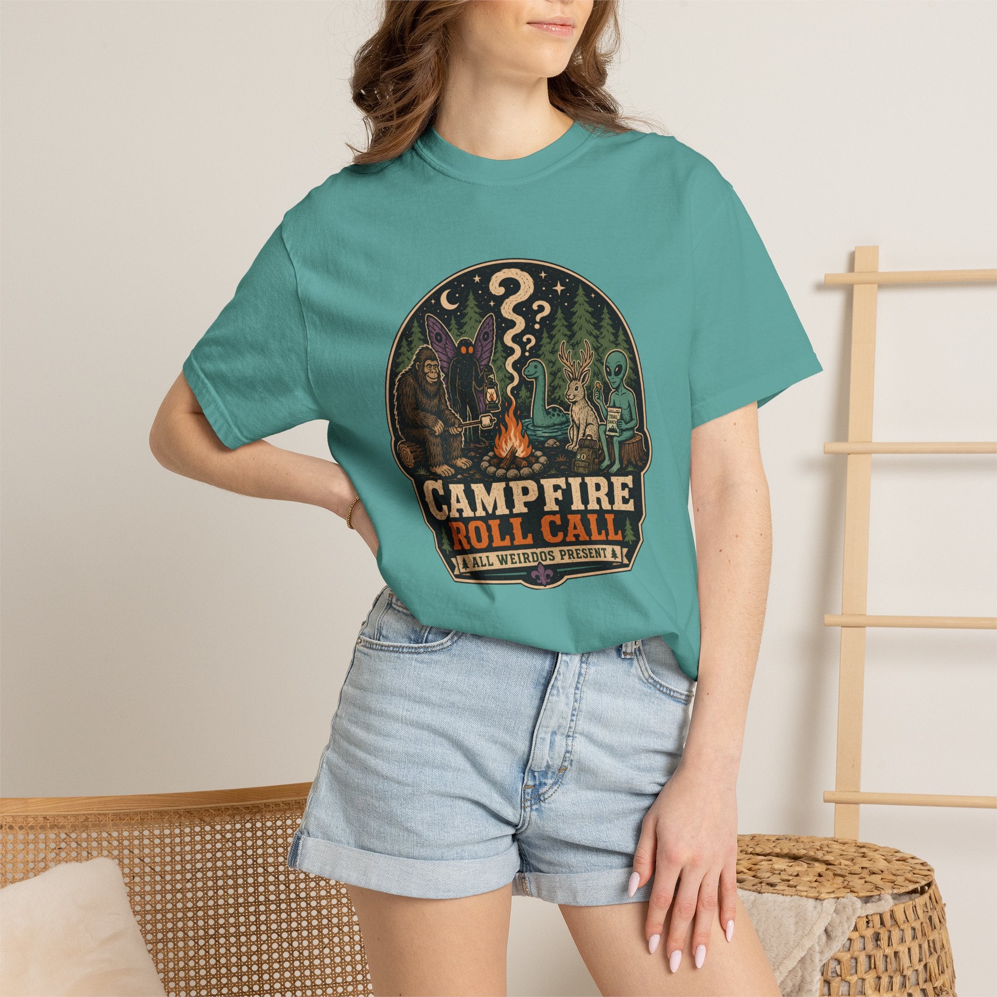 Campfire Cryptid Roll Call T-Shirt — Vintage Camping Patch Graphic