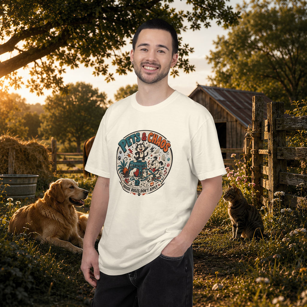 Pets & Chaos Graphic T-Shirt — "House Rules Don't Apply" Vintage Pet Lover Tee