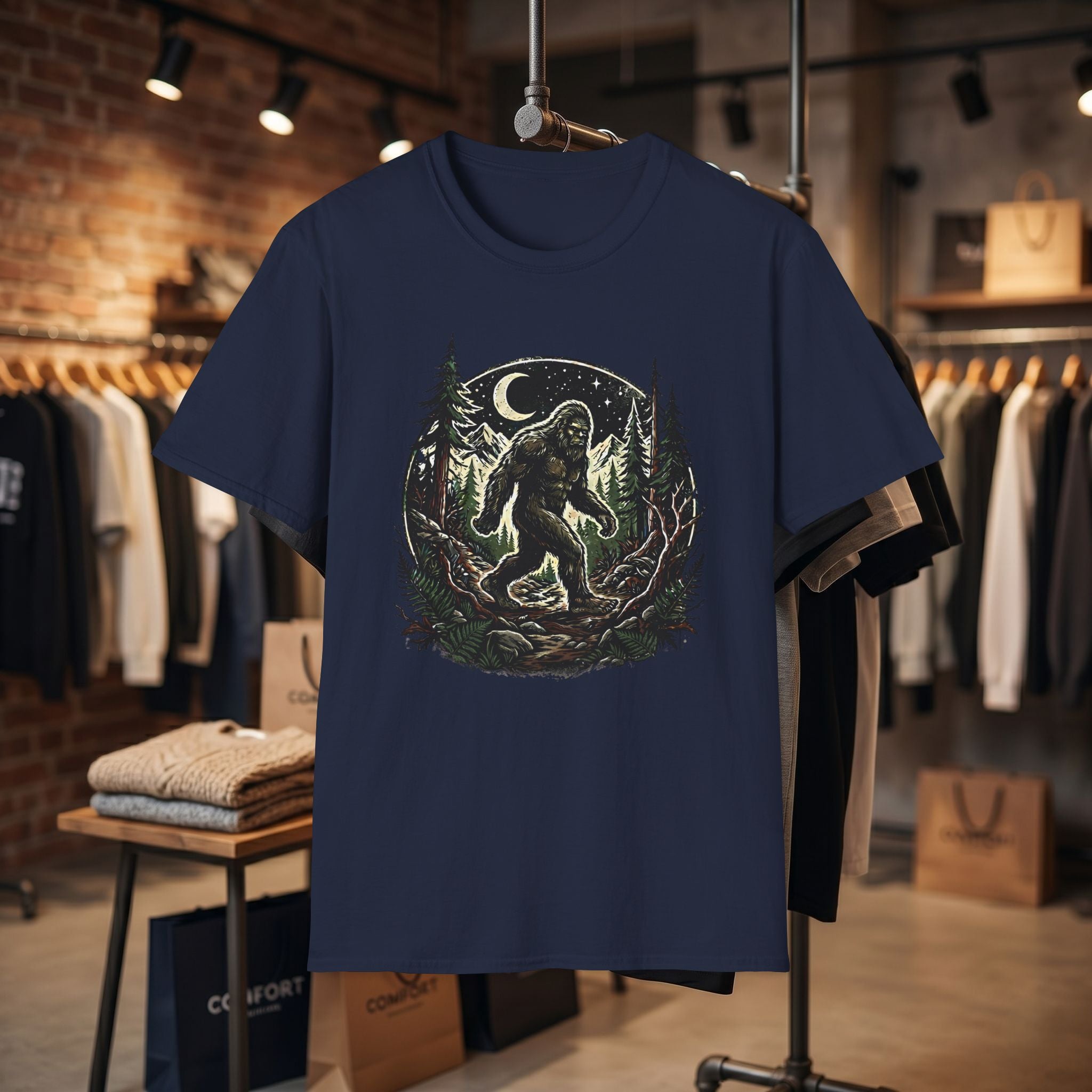Bigfoot Forest Moon T-Shirt | Sasquatch Night Hiking Design