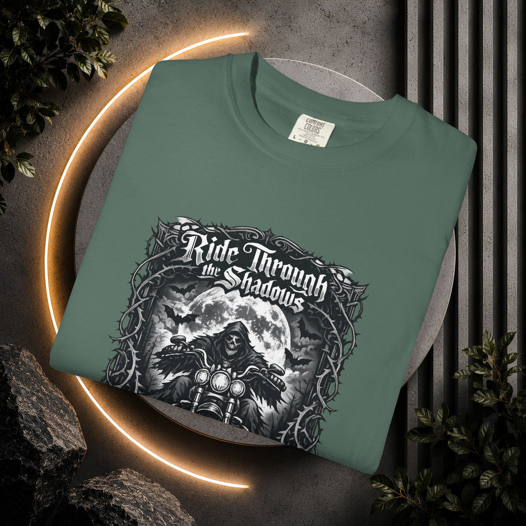 Ride Through Shadows T-Shirt — Gothic Skull Motorcycle Graphic Tee