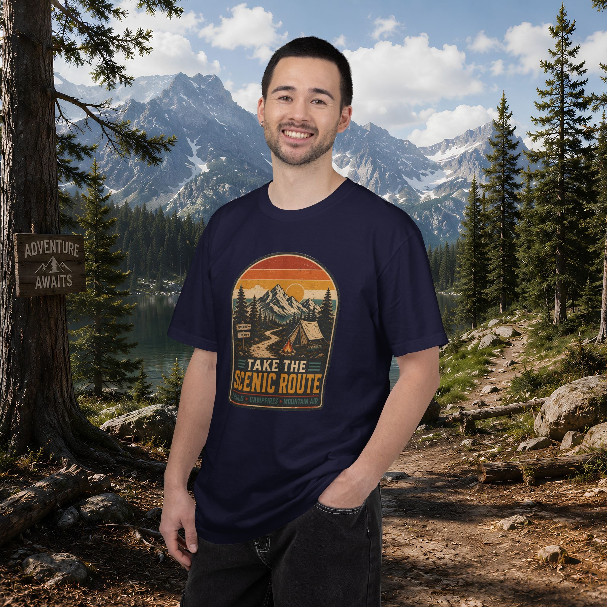 Scenic Route Camping T-Shirt — Retro Mountains & Tent Outdoor Tee