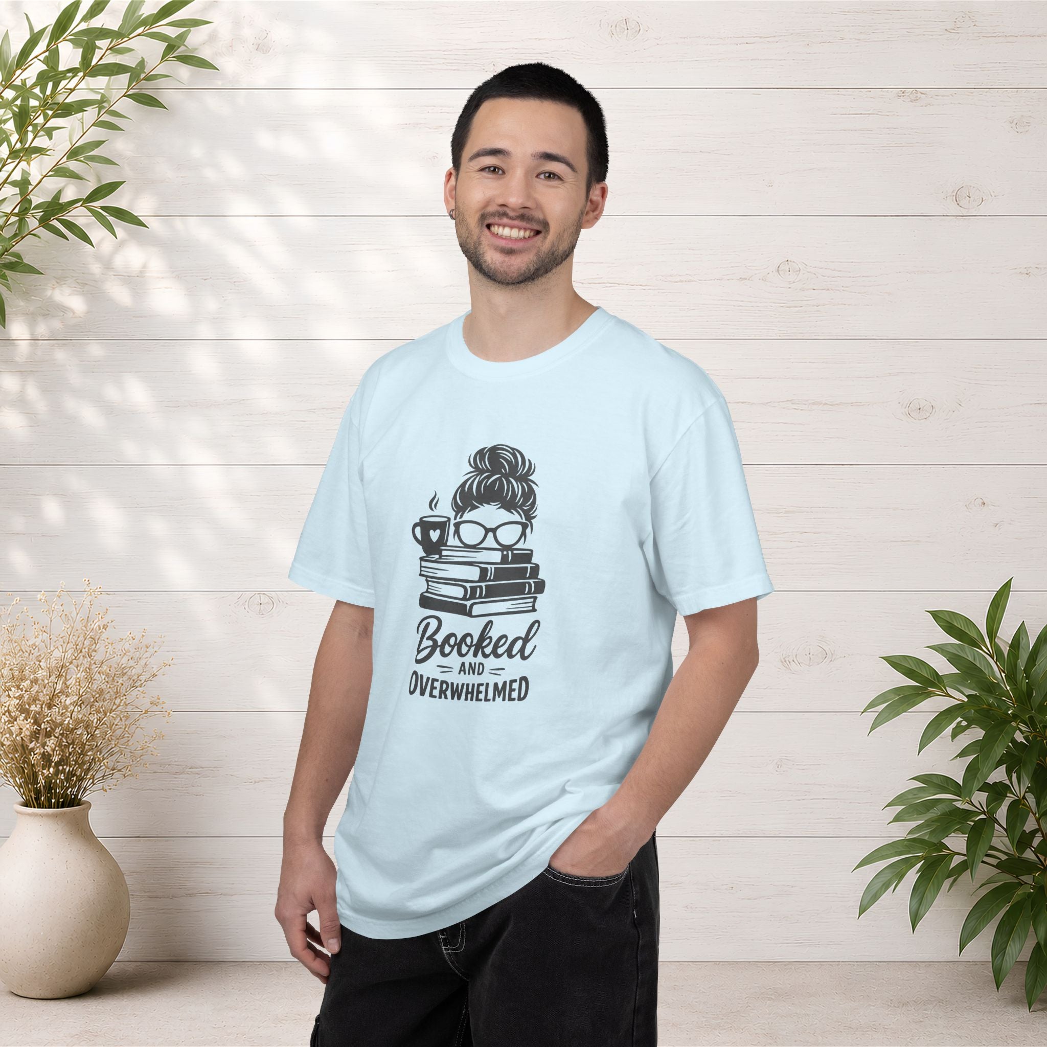 Book Lover T-Shirt — "Booked and Overwhelmed" Graphic Tee