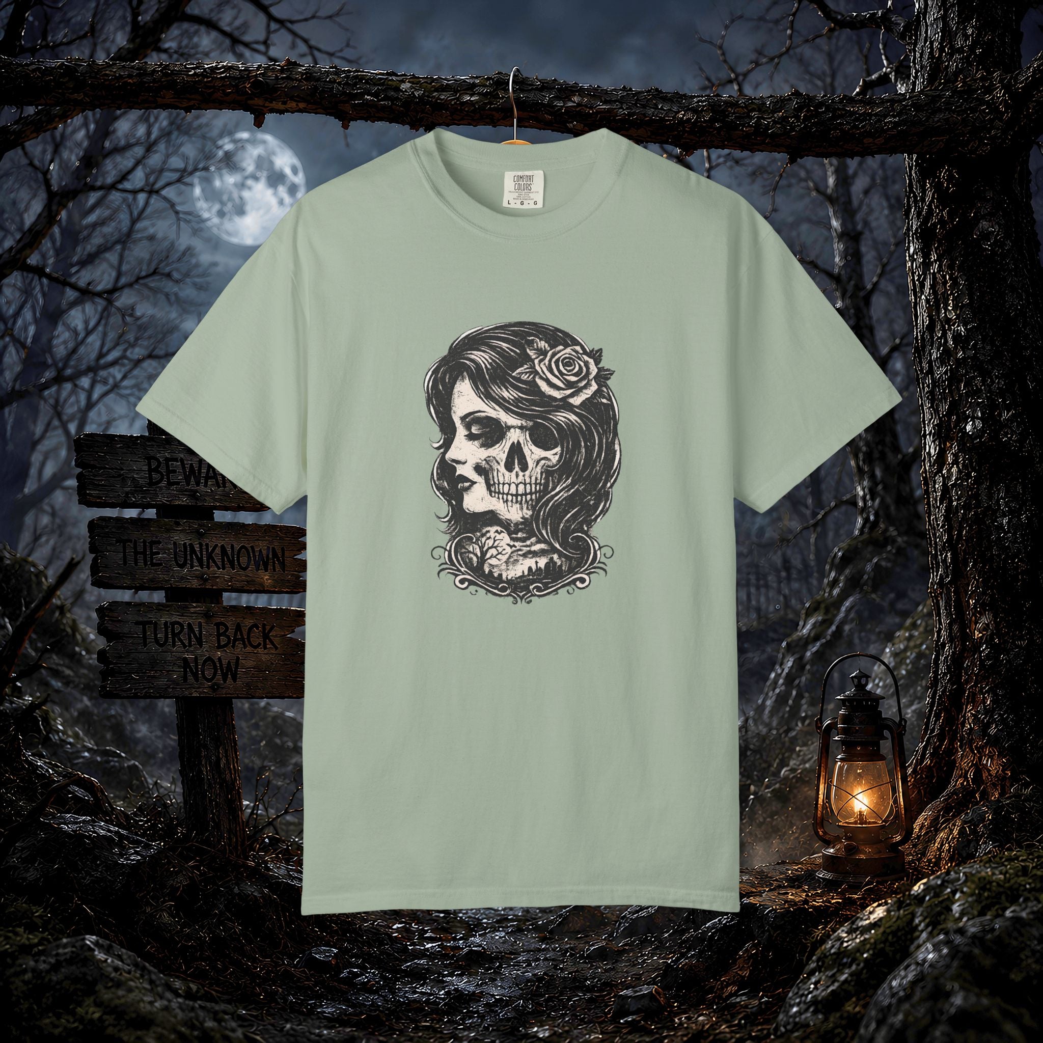 Skull Lady Rose T-Shirt — Vintage Day of the Dead Portrait Tee