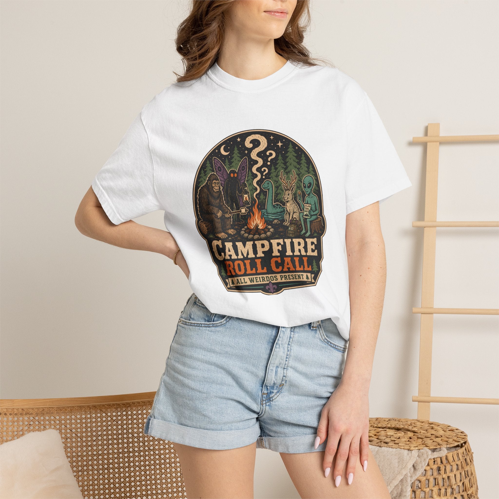 Campfire Cryptid Roll Call T-Shirt — Vintage Camping Patch Graphic