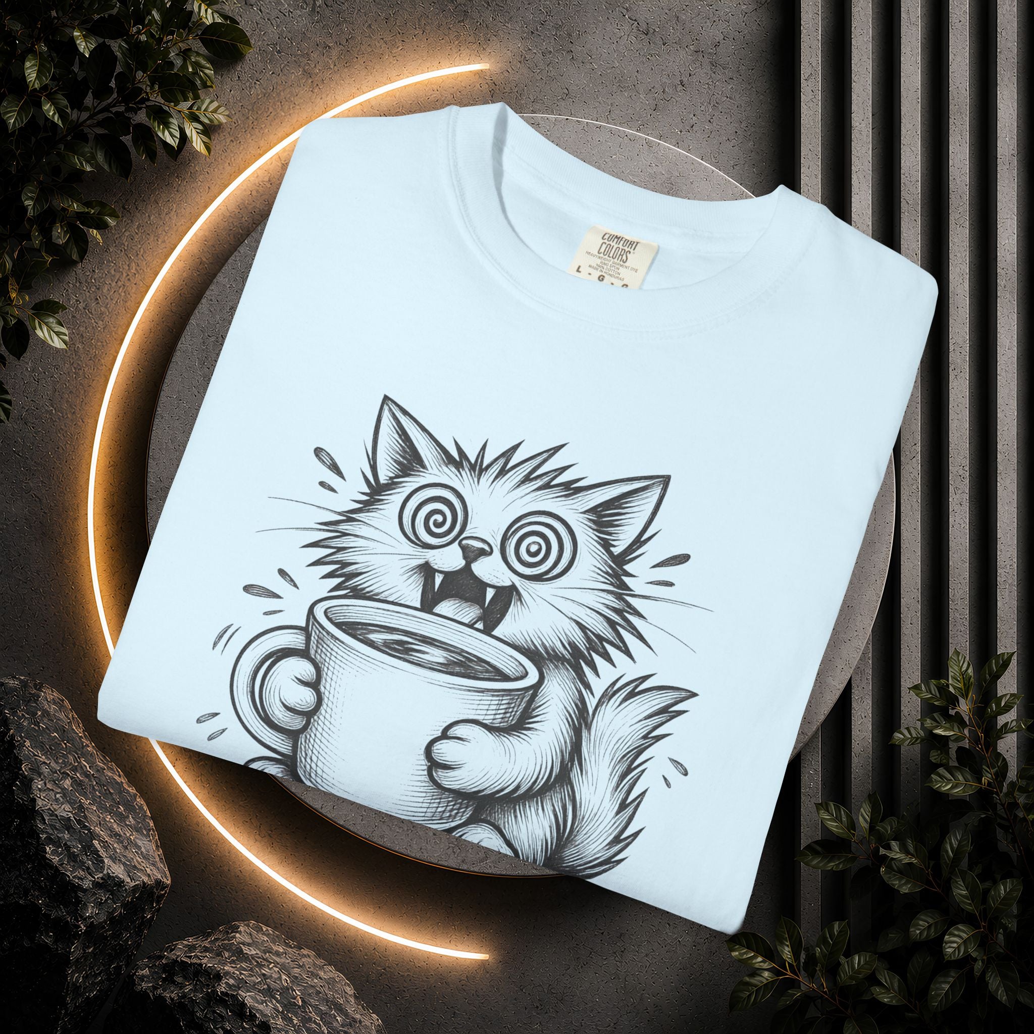 Caffeinated Cat T-Shirt — "Caffeinated Catastrophe" Coffee Lover Tee